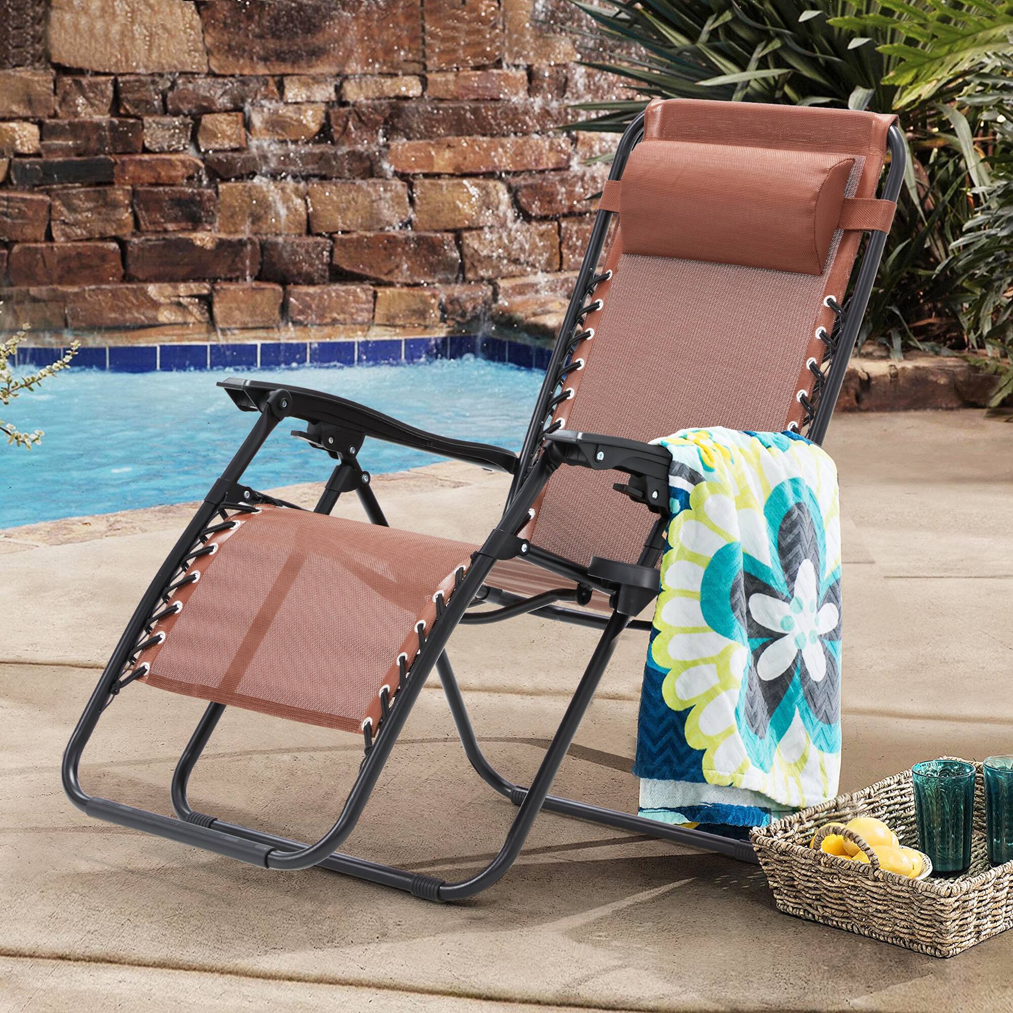 Alt View 5. U-HOMY - Zero Gravity Reclining Lounge Chair Set of 2 Outdoor Folding Recliners with Cup Holder and Weather Resistant Fabric - Brown.