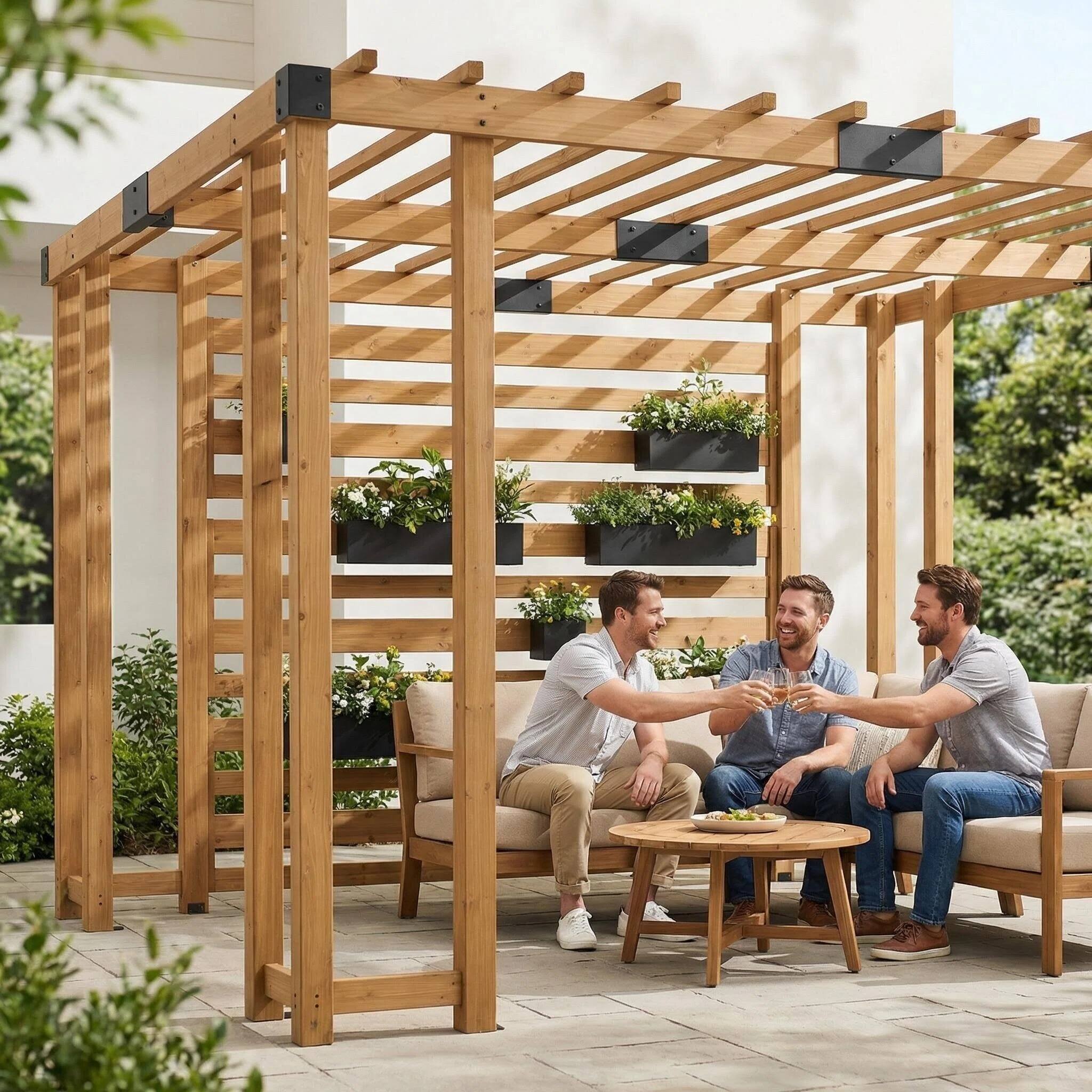 Alt View 8. SUNJOY - Sunjoy 10.5 ft. x 10 ft. Cedar Wood Pergola with Slatted Privacy Wall & Adjustable Hanging Planters - wood.