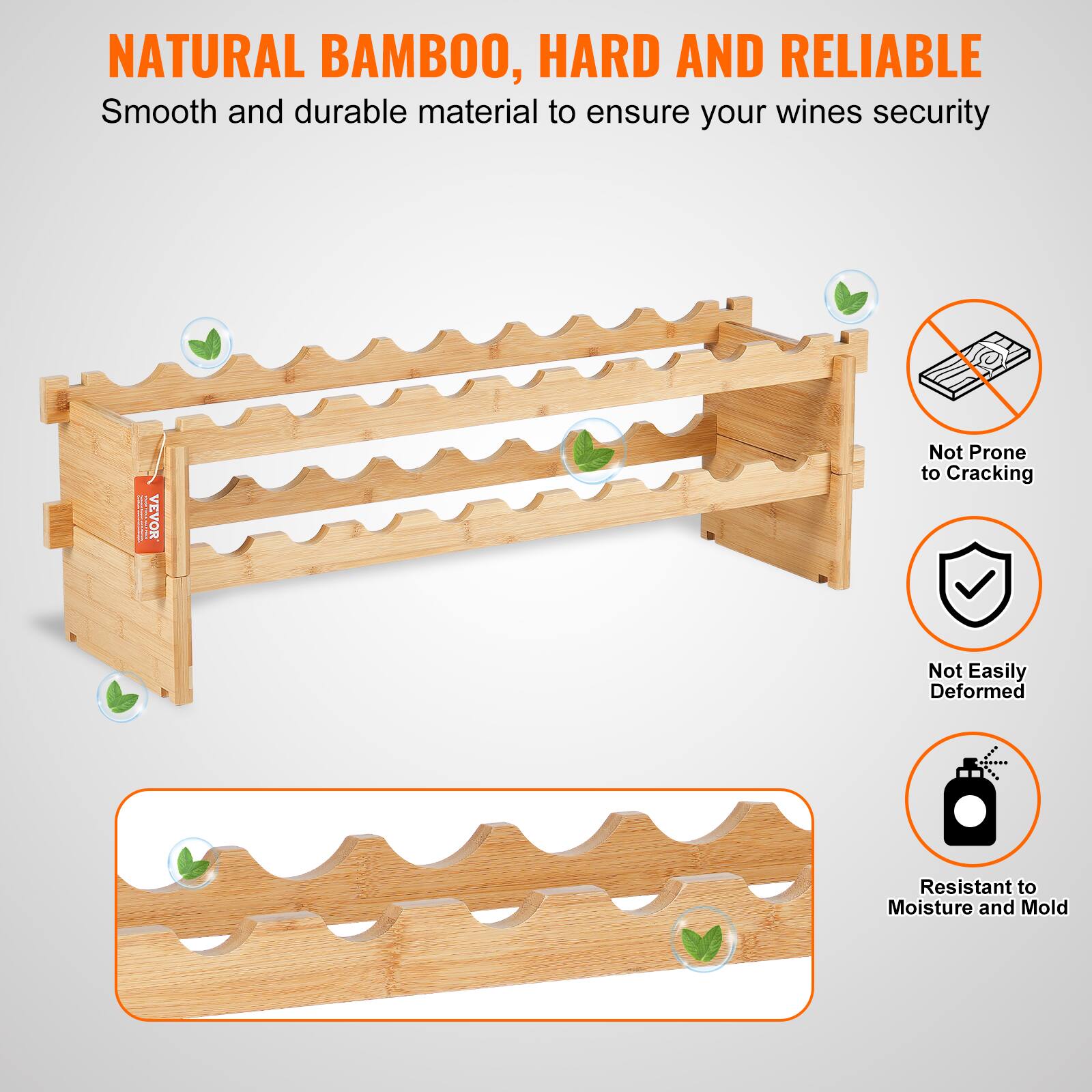 NATURAL BAMBOO, HARD AND RELIABLE  
Smooth and durable material to ensure your wines security  

- Not Prone to Cracking  
- Not Easily Deformed  
- Resistant to Moisture and Mold