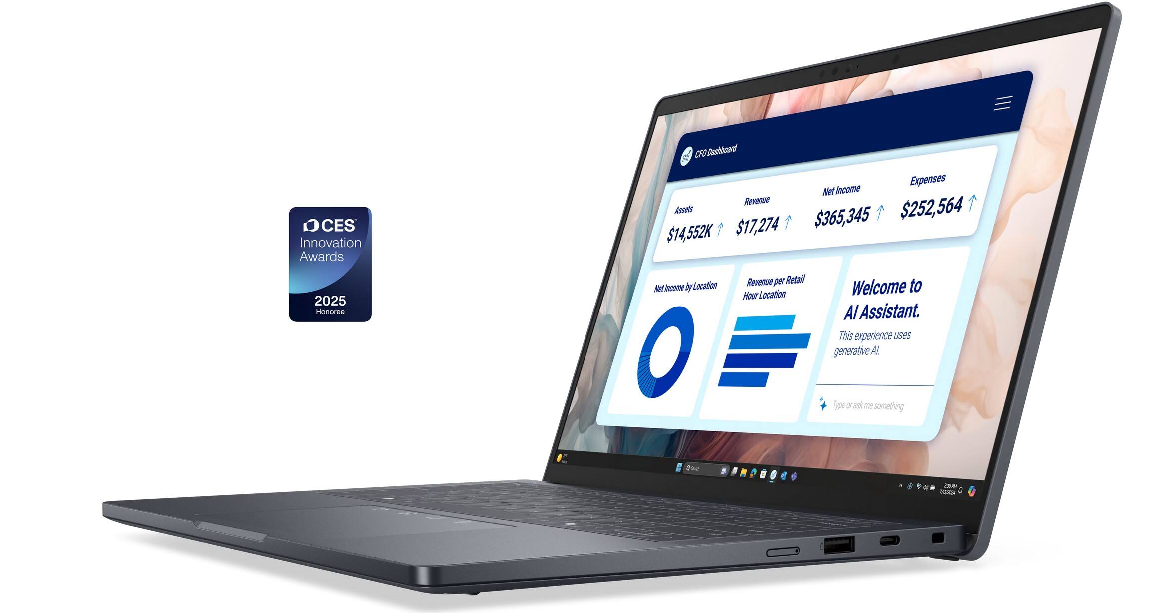 CFO Dashboard  
CES Innovation Awards  
2025 Honoree  

Expenses: $252,564  
Net Income: $365,345  
Revenue: $17,274  
Assets: $14,552K  

Net Income by Location  
Revenue per Retail Hour Location  

Welcome to AI Assistant.  
This experience uses generative AI.  
Type a question or say something.