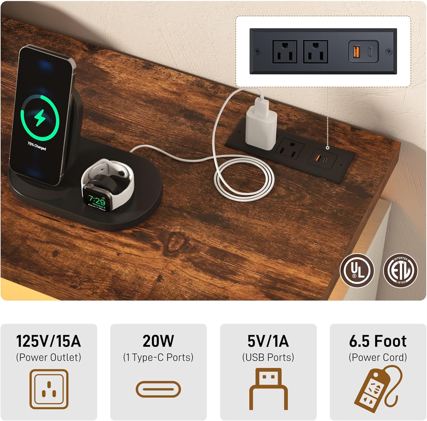 76% Charged  
7:29  

UL  
INTERTEK ETL ASTEM  

125V/15A (Power Outlet)  
20W (1 Type-C Ports)  
5V/1A (USB Ports)  
6.5 Foot (Power Cord)