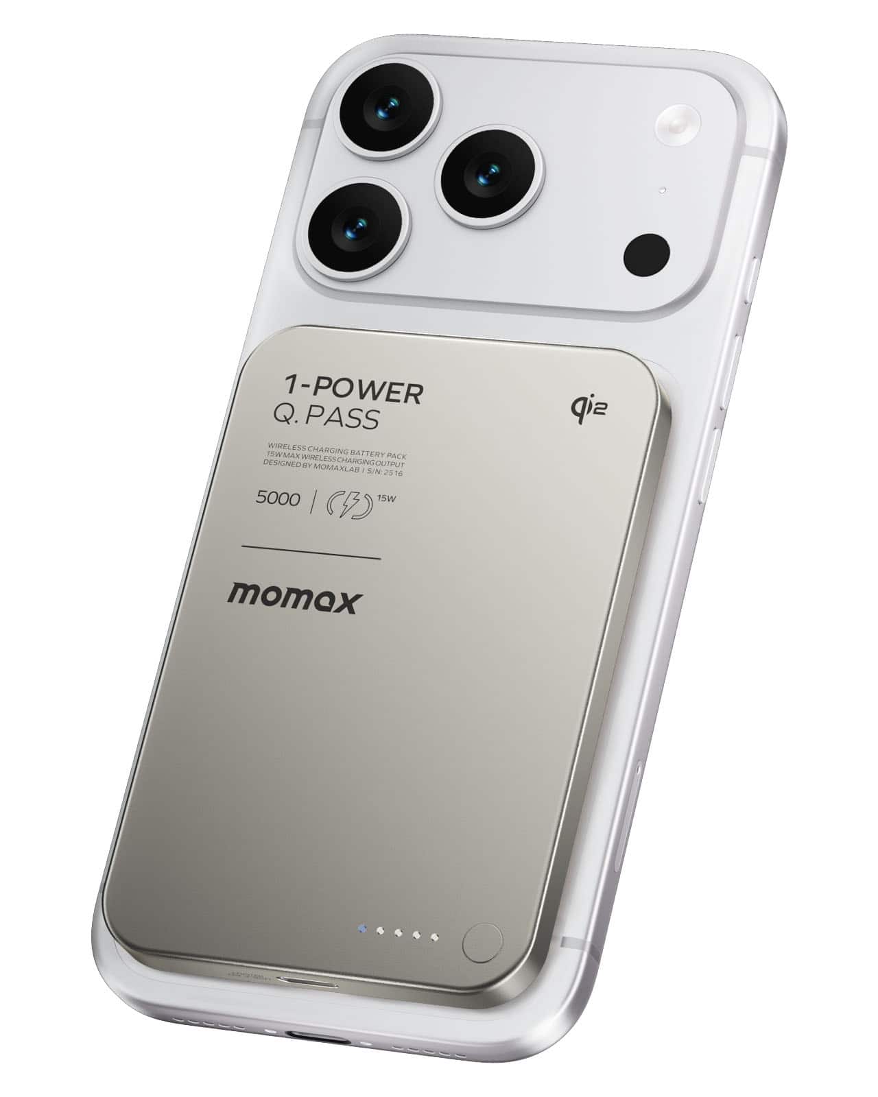 Momax - 1-Power Q.Pass Qi2 Magnetic Wireless Power Bank 5000mAh, 15W Fast Charging and PD 20W USB C Port - Titanium
