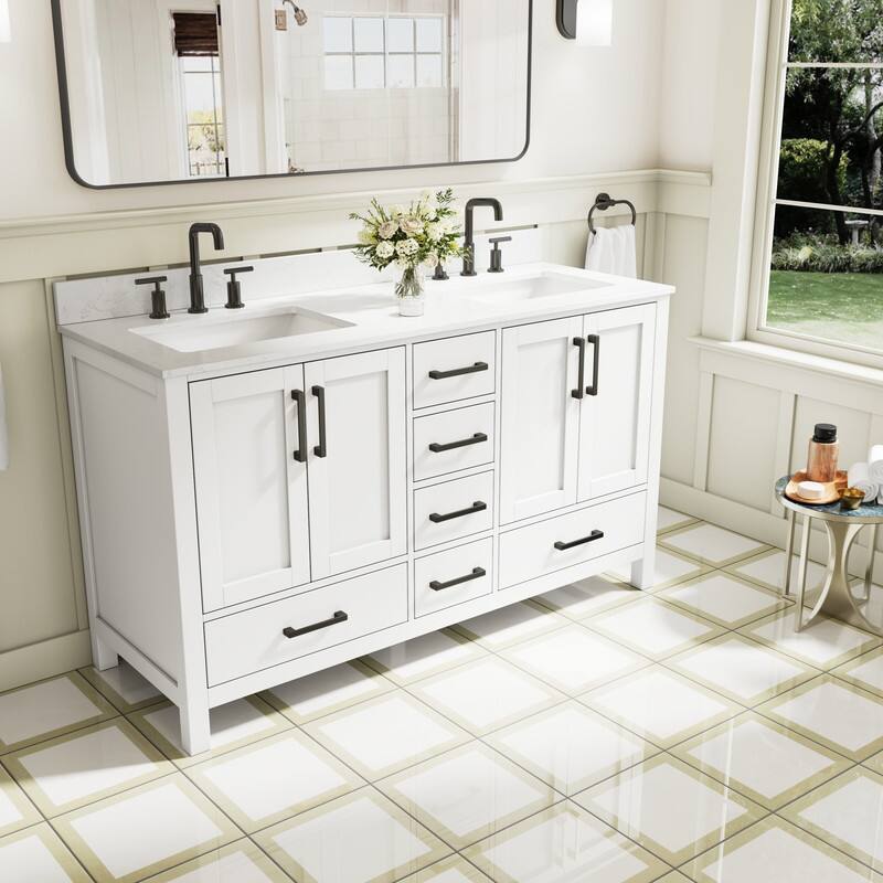 Left. WELLFOR - 60 in Bathroom Vanity with Double Sink, Solid Wood Bathroom Cabinet with 4 Doors& 6 Drawers，Matte Black Handle - White.