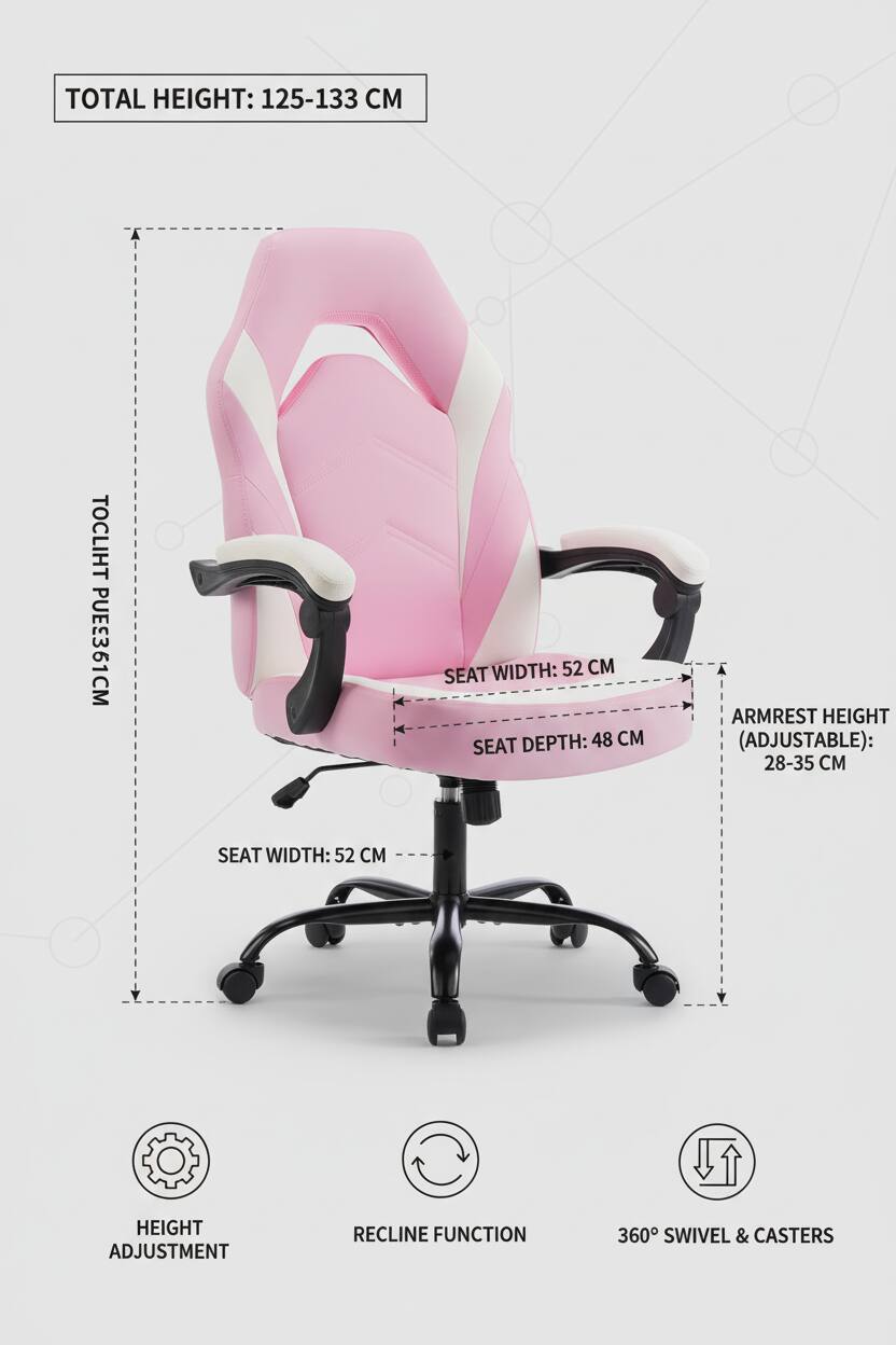 TOTAL HEIGHT: 125-133 CM  
TOCLIHT PUE361CM  
SEAT WIDTH: 52 CM  
SEAT DEPTH: 48 CM  
ARMREST HEIGHT (ADJUSTABLE): 28-35 CM  
HEIGHT ADJUSTMENT  
RECLINE FUNCTION  
360° SWIVEL & CASTERS