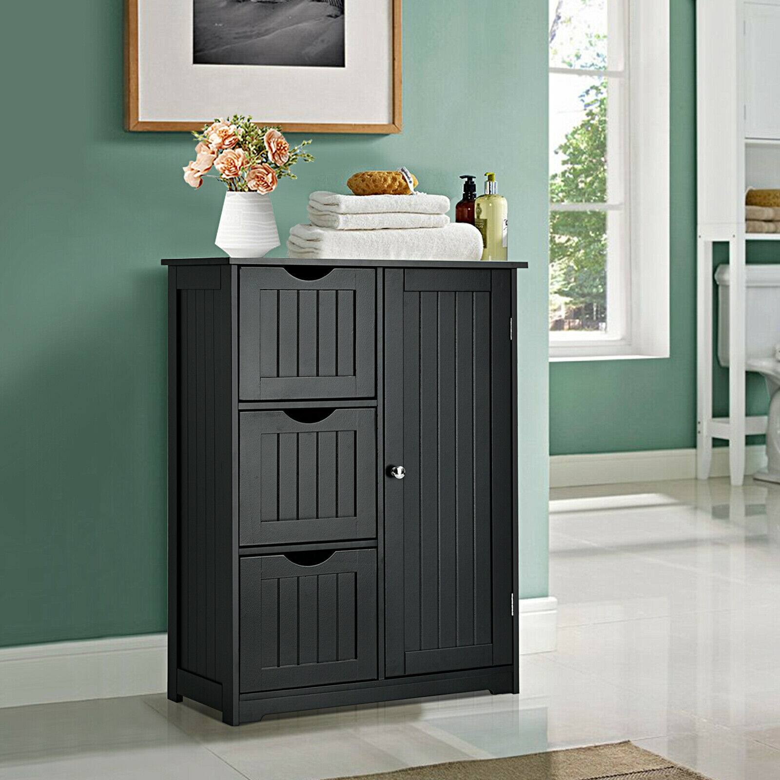 Alt View 1. Ecooso - Bathroom Floor Cabinet Side Storage Cabinet with 3 Drawers and 1 Cupboard - Black.