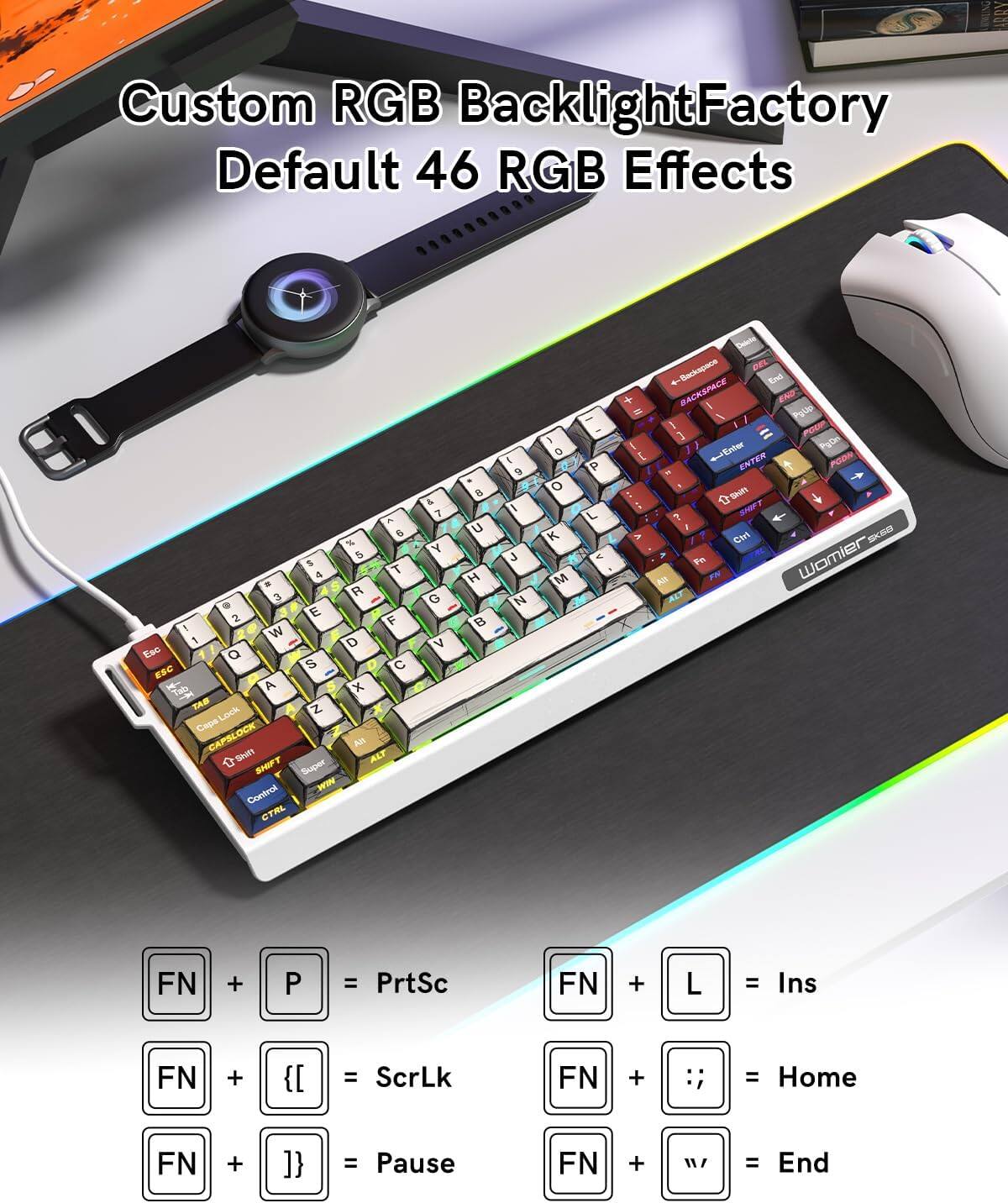 Custom RGB BacklightFactory Default 46 RGB Effects

FN + P = PrtSc  
FN + L = Ins  
FN + { [ } = ScrLk  
FN + : ; = Home  
FN + ] } = Pause  
FN + W/ = End