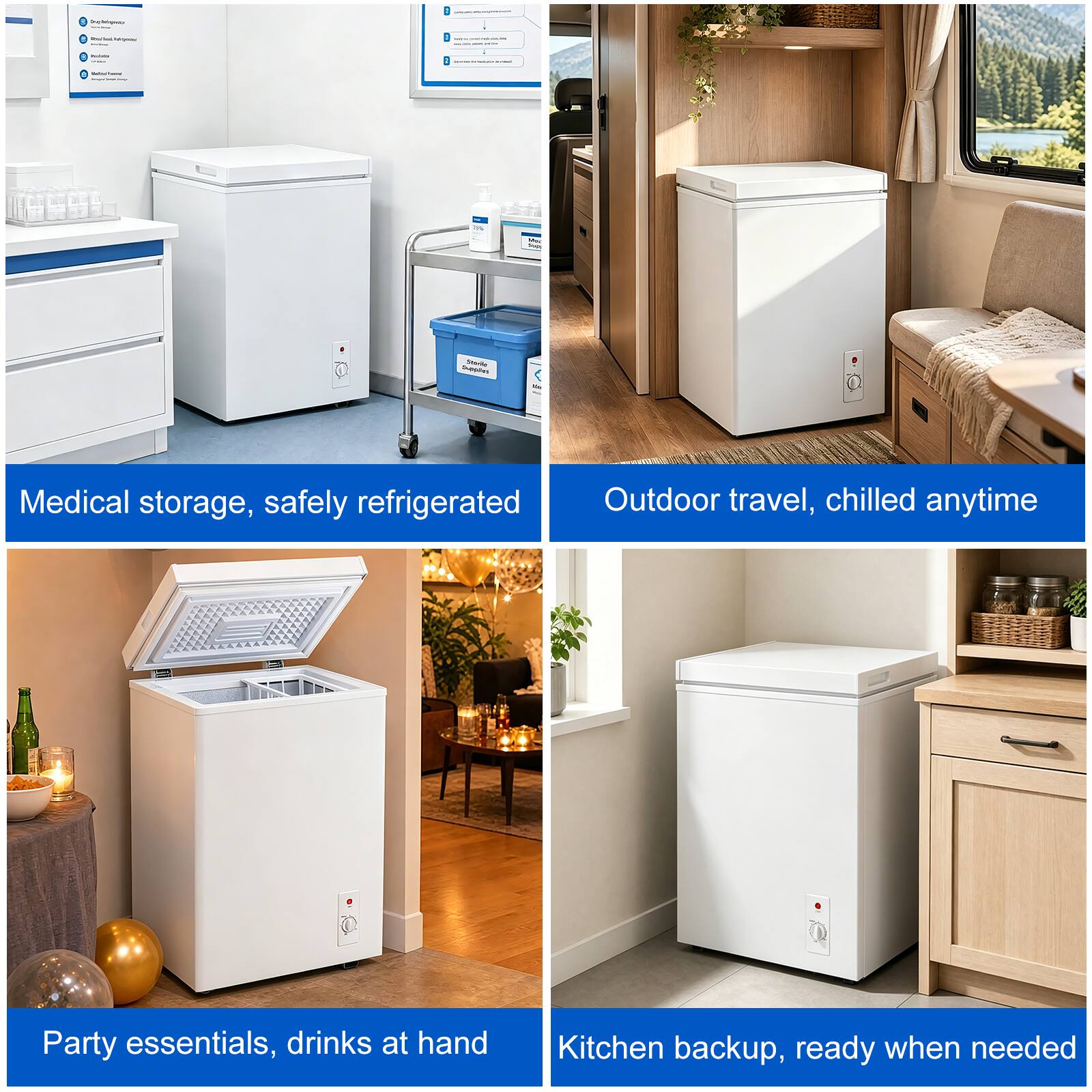 1. Medical storage, safely refrigerated
2. Outdoor travel, chilled anytime
3. Party essentials, drinks at hand
4. Kitchen backup, ready when needed