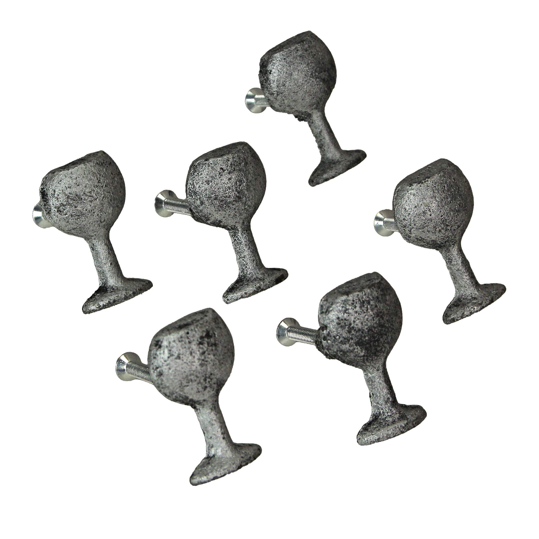 Zeckos - Antique Finish Cast Iron Wine Glass Cabinet Knob Drawer Pulls Set of 6 - Silver