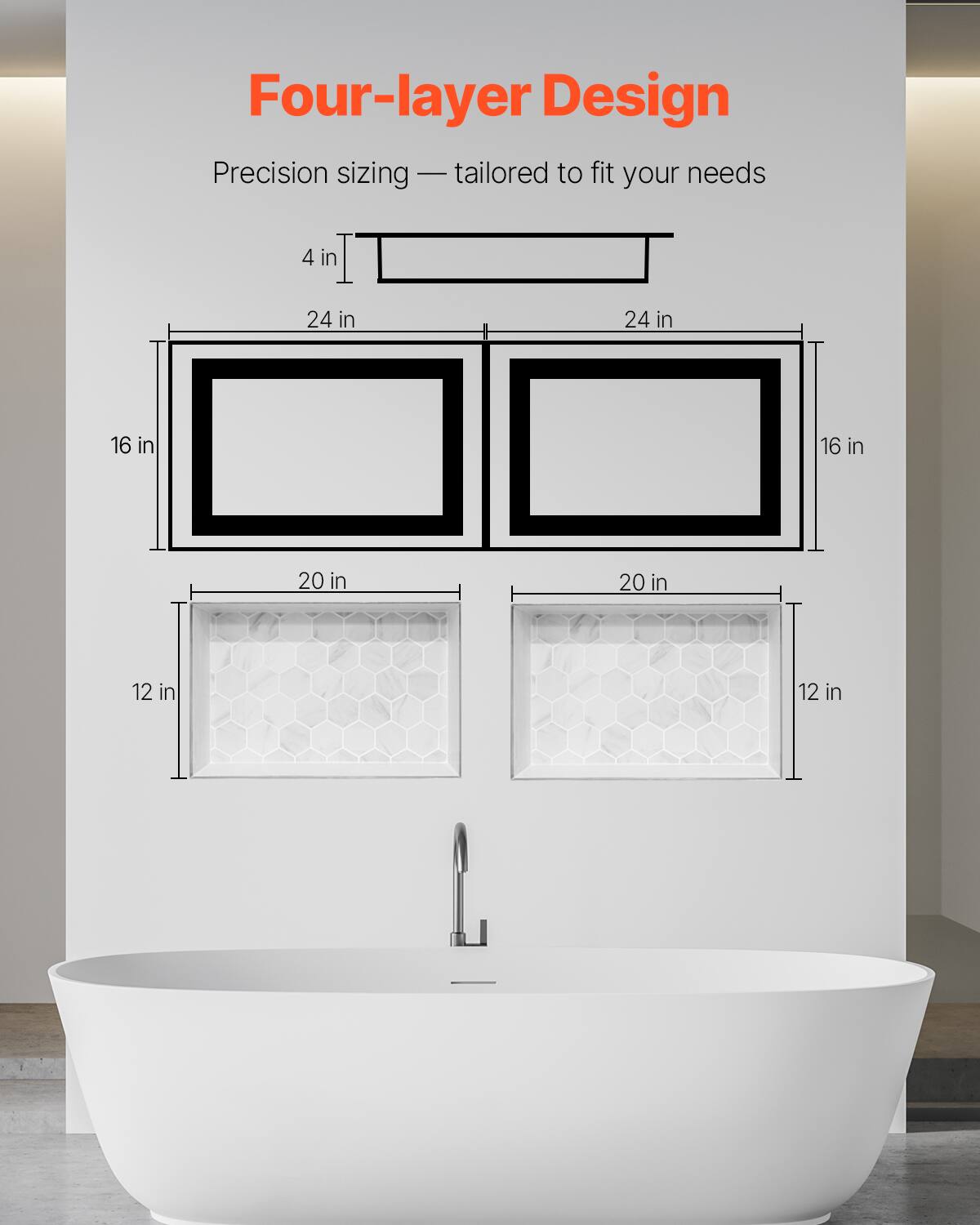 Four-layer Design  
Precision sizing - tailored to fit your needs  

4 in  
24 in  
24 in  
16 in  
16 in  
20 in  
20 in  
12 in  
12 in