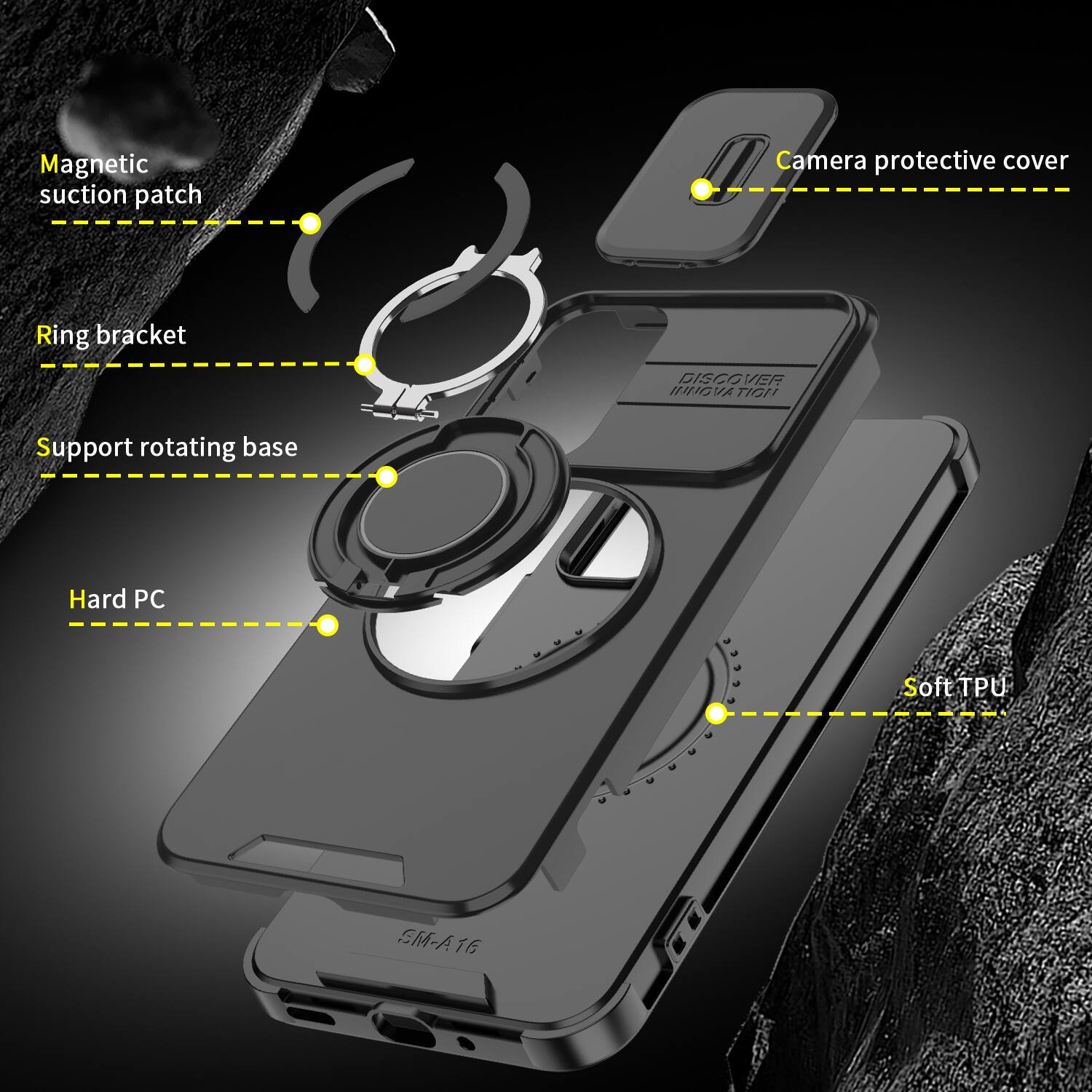 Magnetic suction patch  
Camera protective cover  
Ring bracket  
Support rotating base  
Hard PC  
Soft TPU  
SM-A16