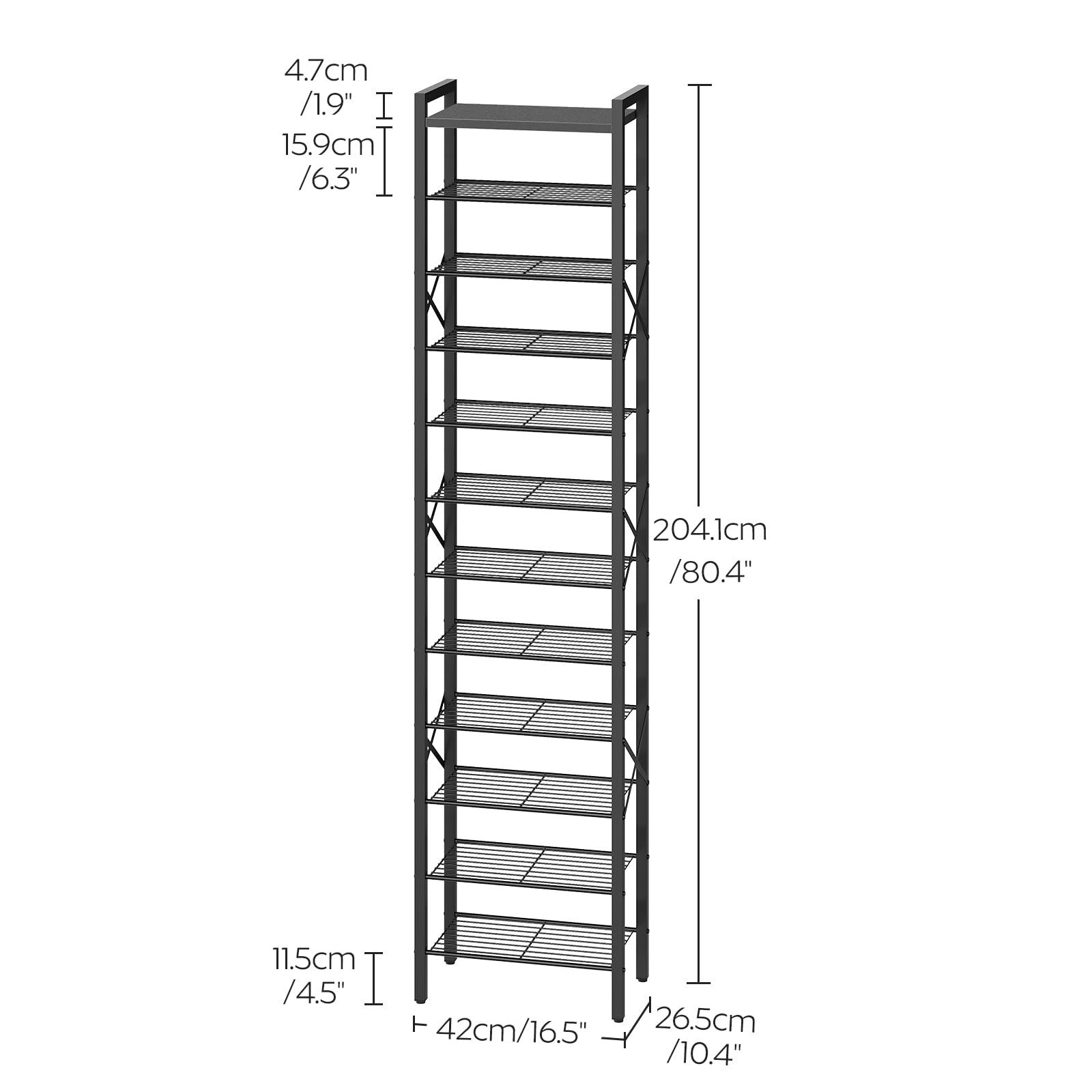 4.7cm / 1.9"  
15.9cm / 6.3"  
204.1cm / 80.4"  
11.5cm / 4.5"  
42cm / 16.5"  
26.5cm / 10.4"