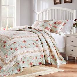 Greenland Home Fashions - Greenland Home Antique Rose Bright Florals and Whimsical Songbirds Bedspread Set 3-Piece Queen - Blue
