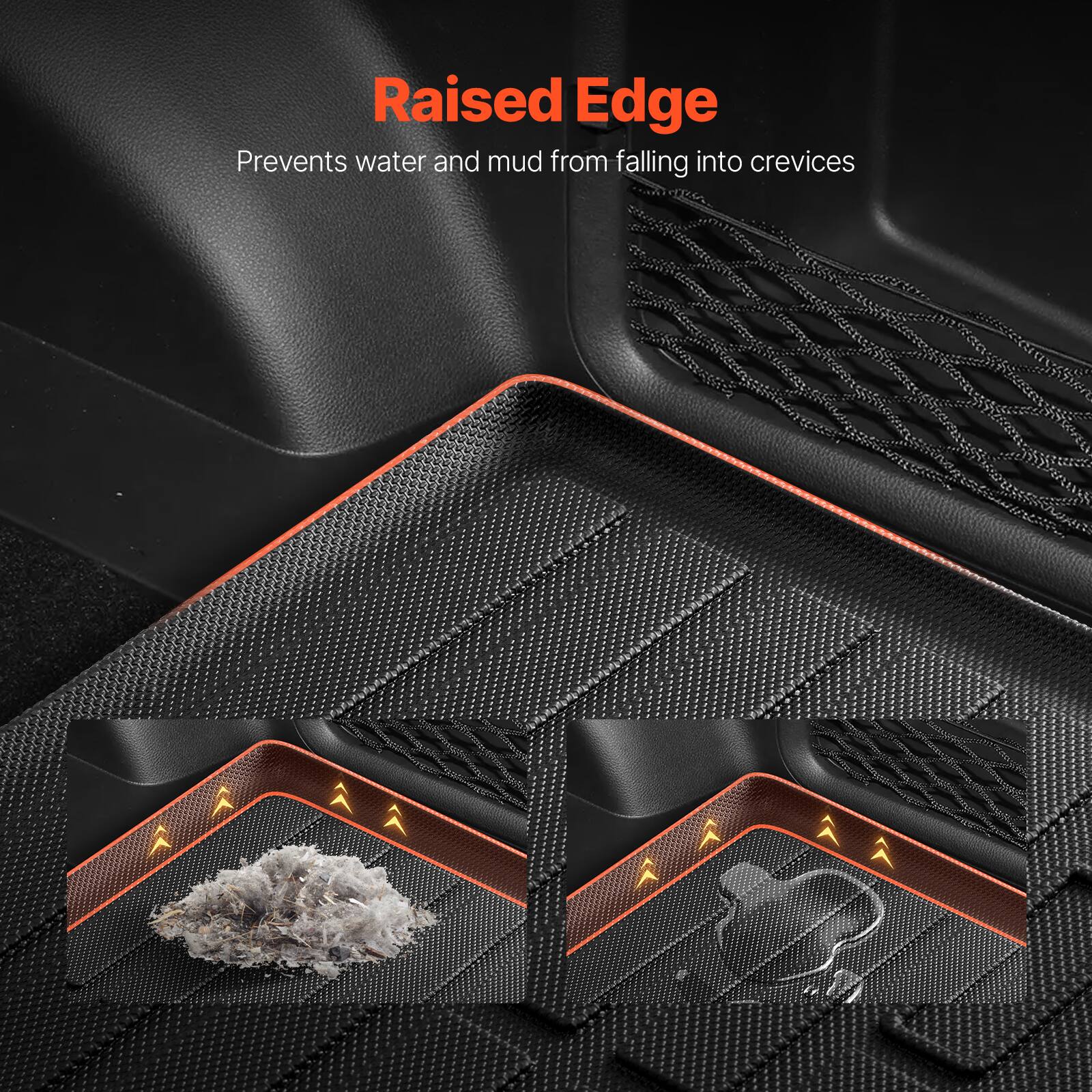 Raised Edge  
Prevents water and mud from falling into crevices