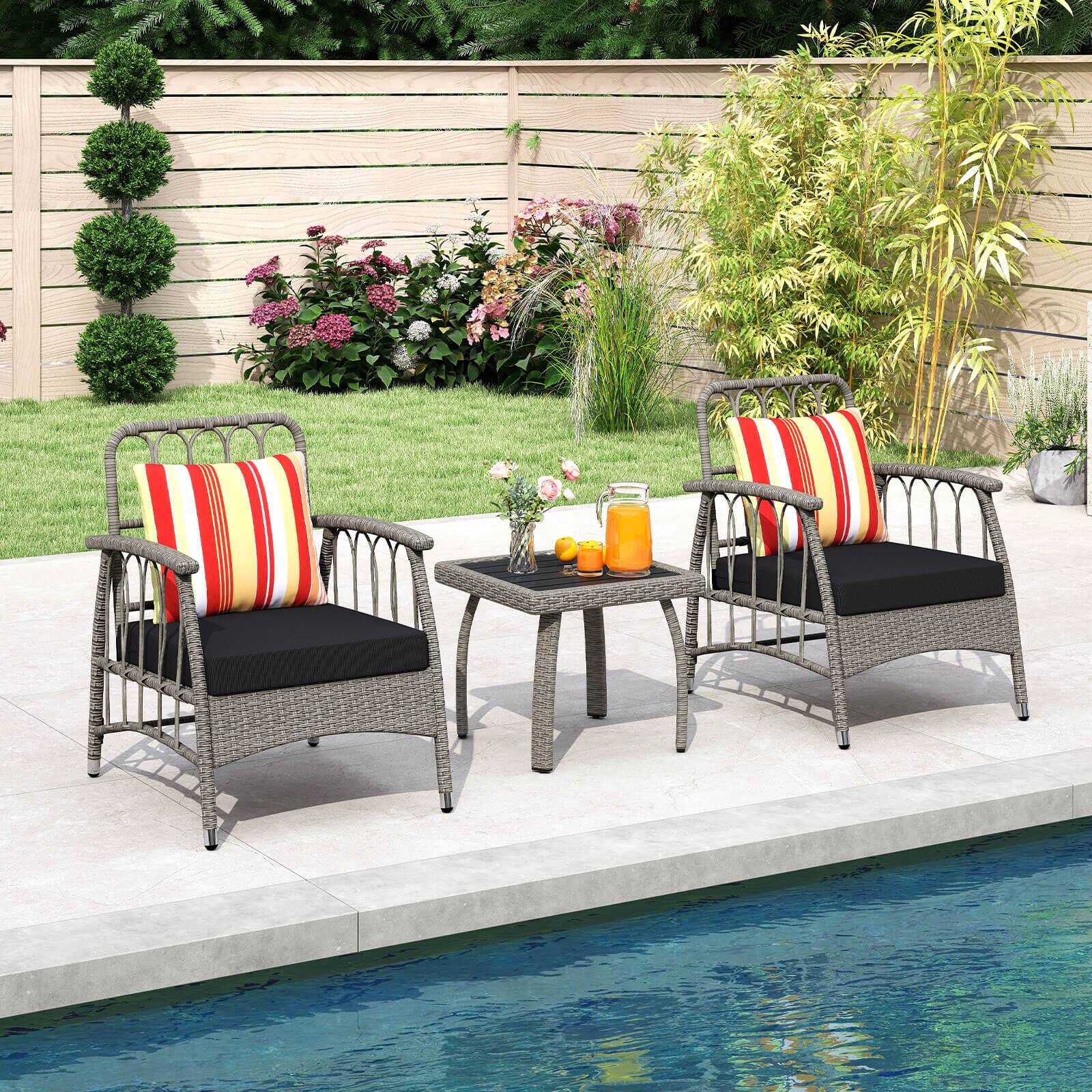 Alt View 3. Costway - Costway 3 PCS Patio PE Wicker Furniture Set with 5-Level Adjustable Backrest Bistro Set - Gray.