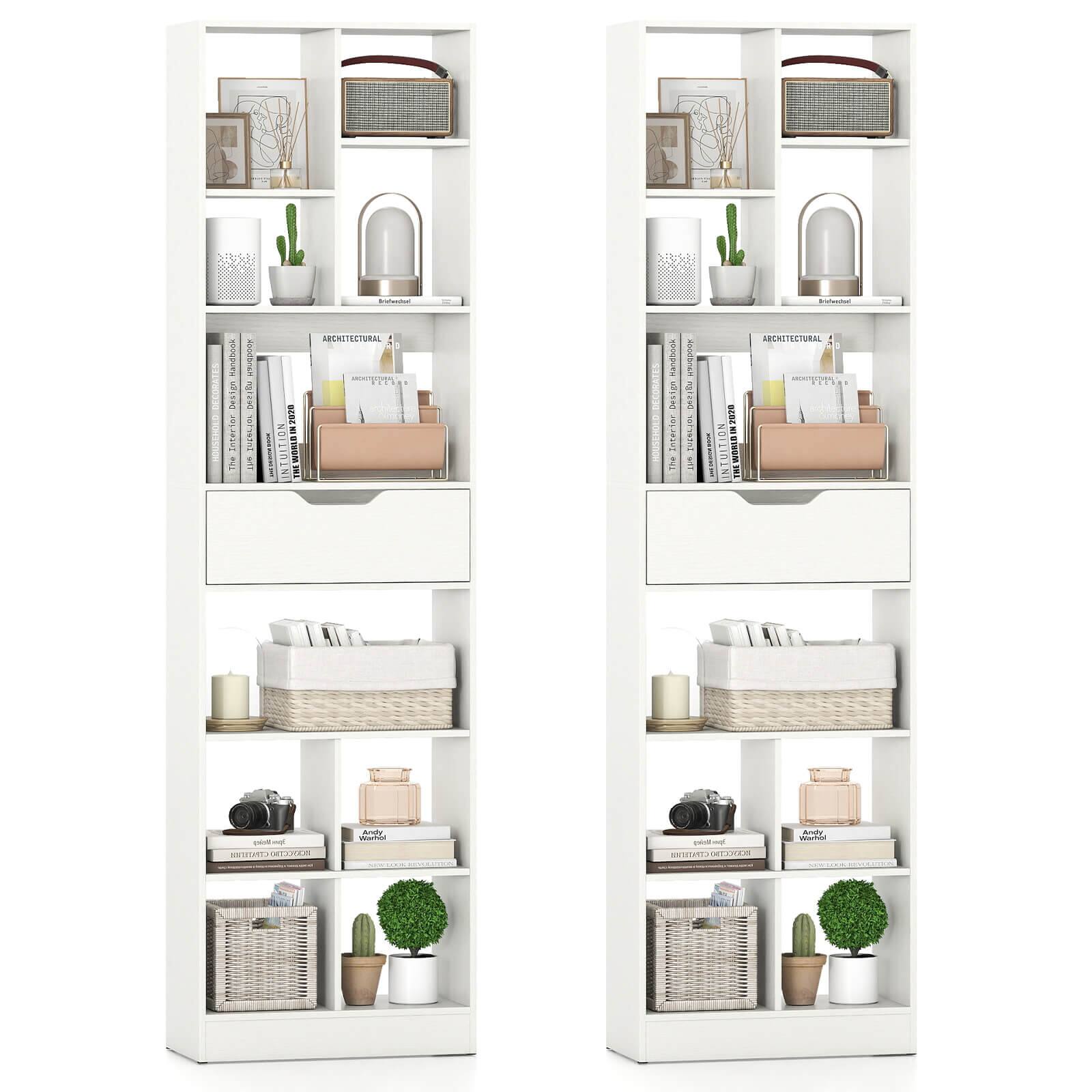 Costway - 2 PCS 71"Bookcase with Drawer, 10 Open Cubes, Anti-toppling Kits for Study, Office - White