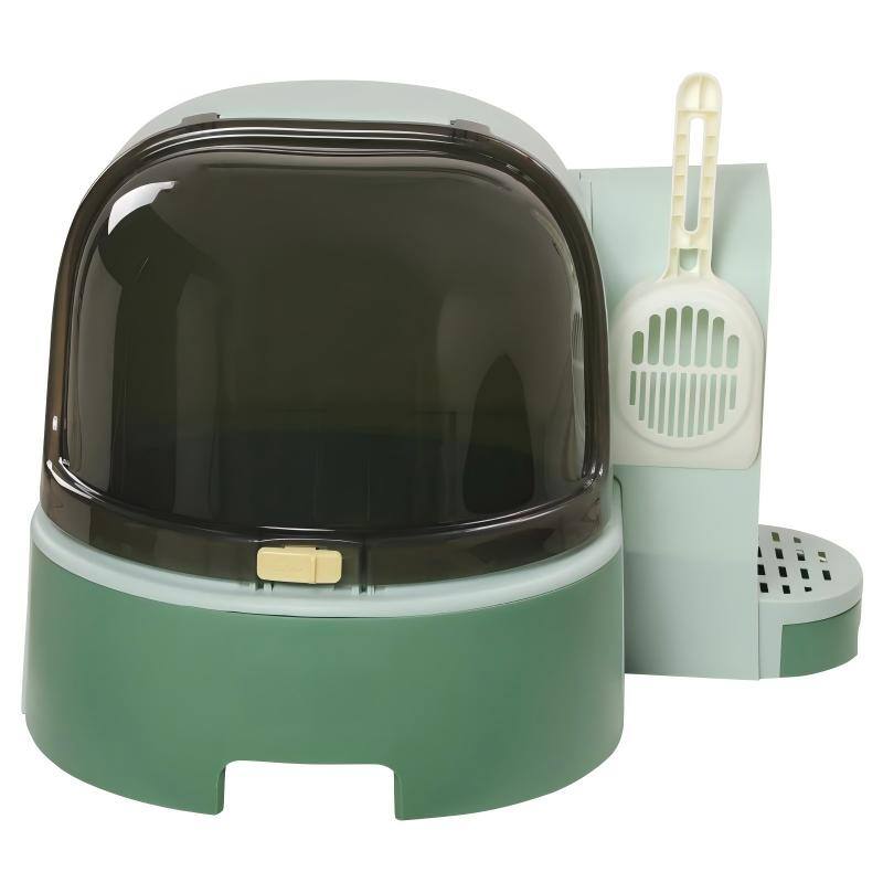 Angle. SKONYON - Open Cat Litter Box with Scoop - Green.
