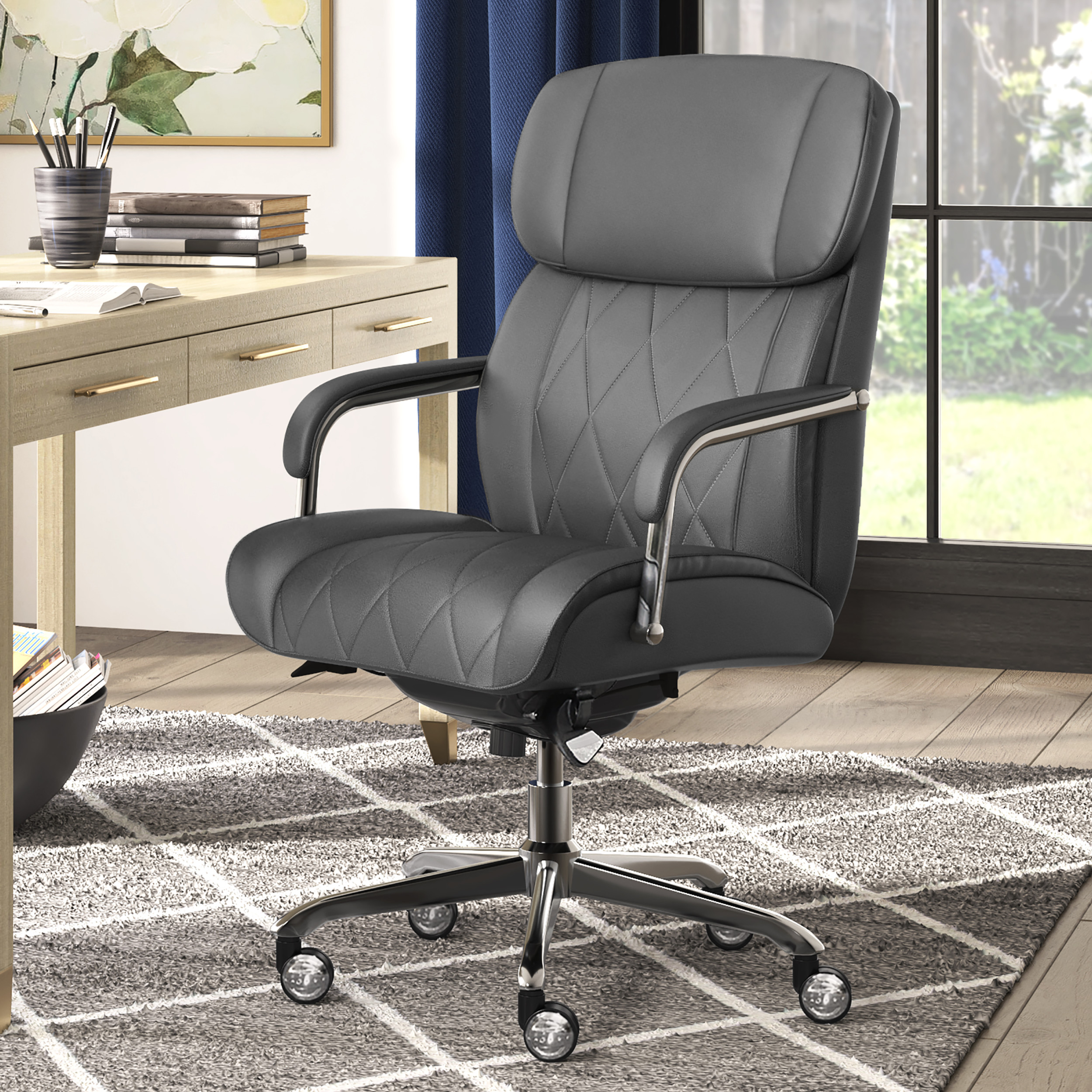 Left. La-Z-Boy - Comfort and Beauty Sutherland Diamond-Quilted Bonded Leather Office Chair - Moon Rock Gray.
