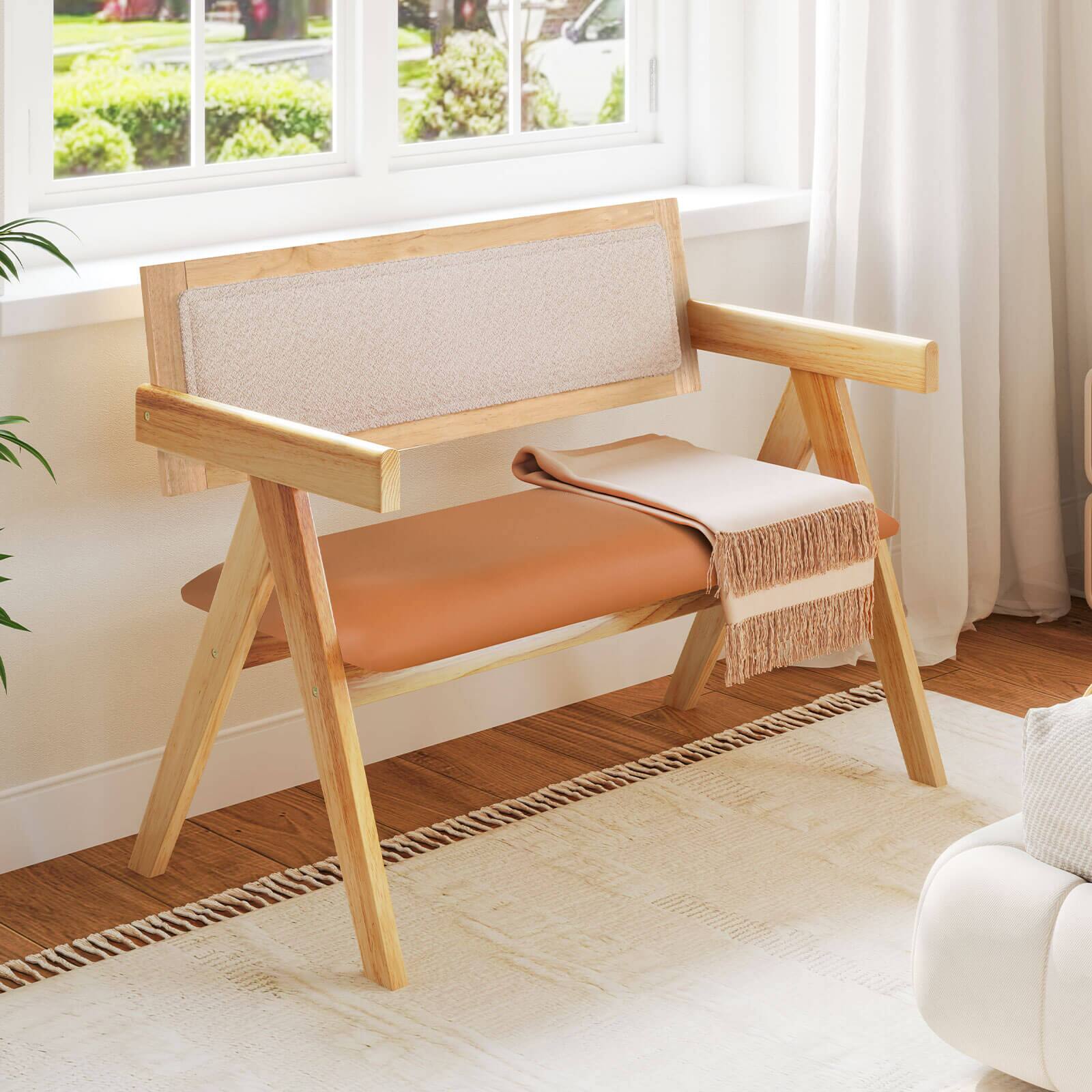 Alt View 13. Costway - Rubber Wood Dining Bench w/Armrest Sherpa Upholstered Backrest Soft-padded Seat - Natural + Beige + Orange.