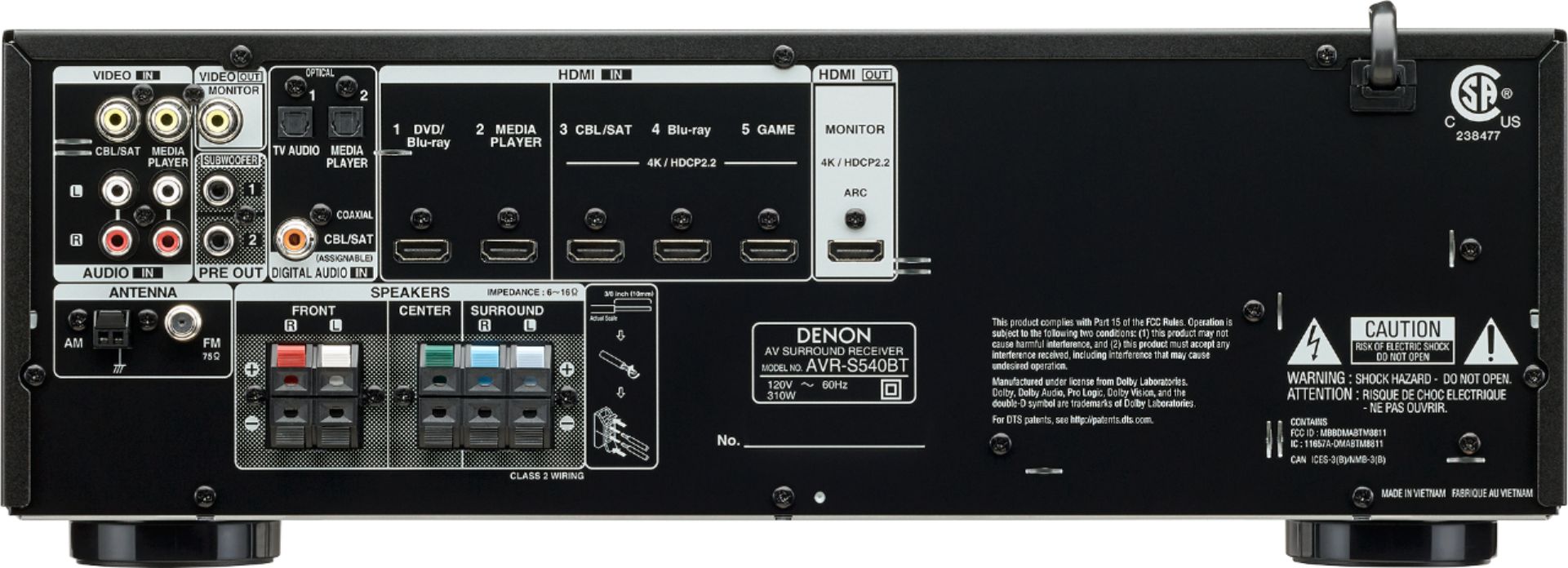 Back View: Denon - AVR-S540BT Receiver, 5.2 channel, 4K Ultra HD Audio and Video, Home Theater System, built-in Bluetooth and USB - Black