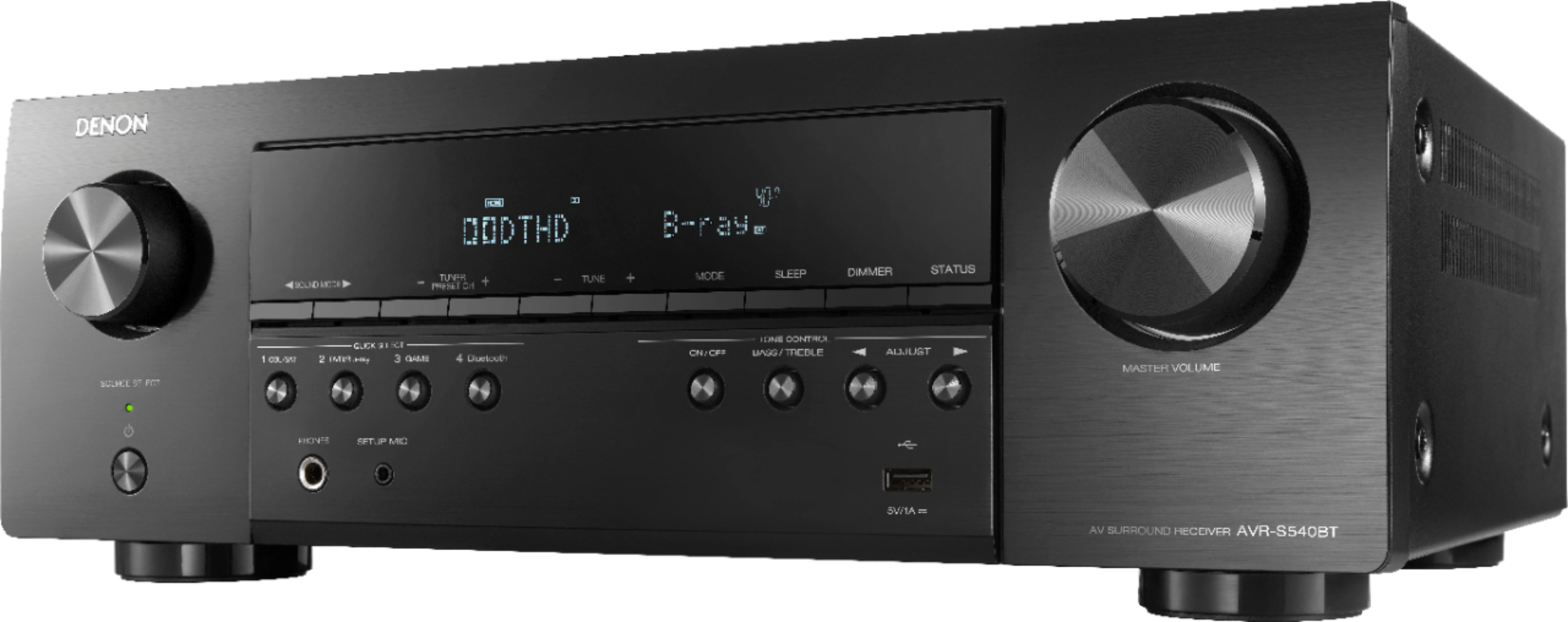 Left View: Denon - AVR-S540BT Receiver, 5.2 channel, 4K Ultra HD Audio and Video, Home Theater System, built-in Bluetooth and USB - Black