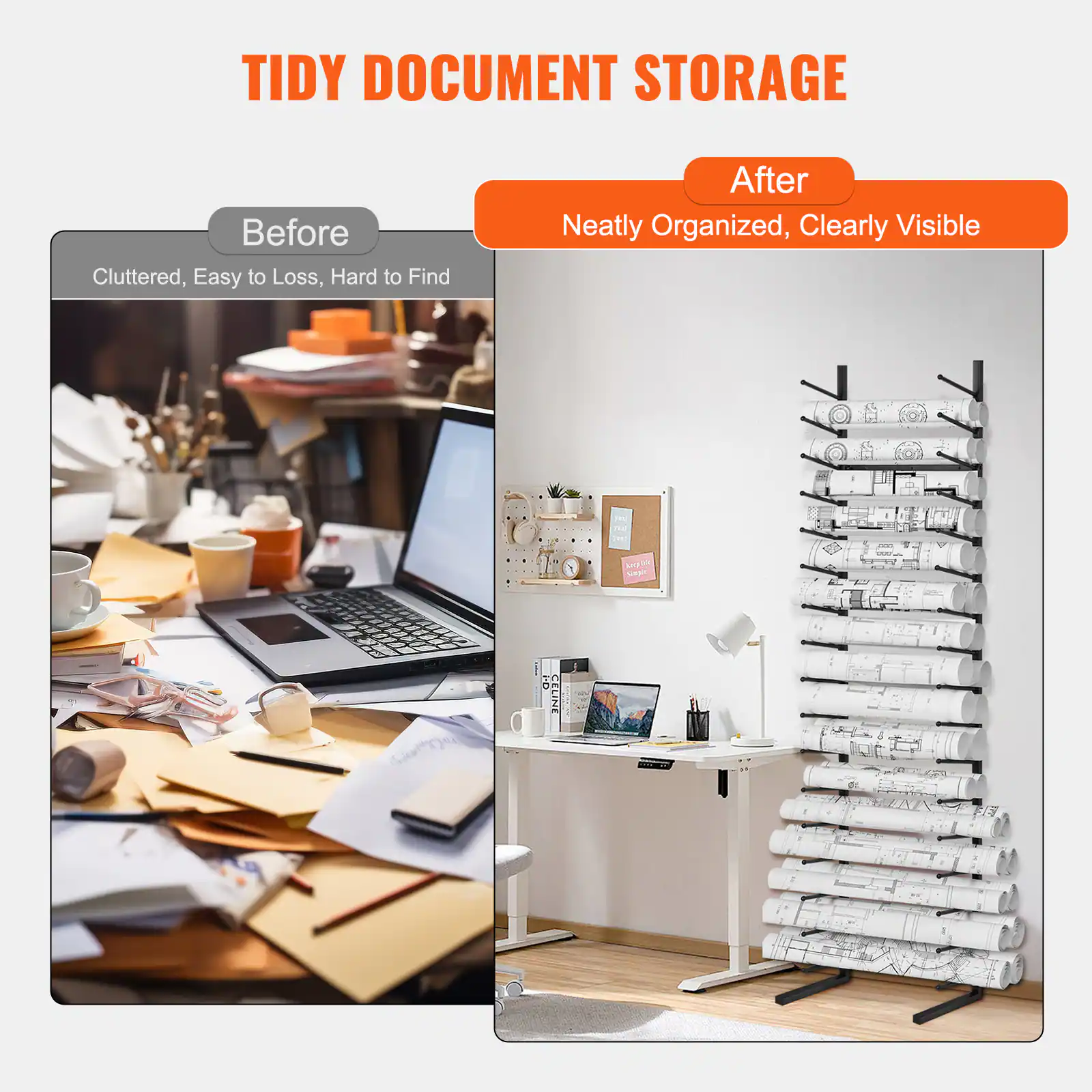 TIDY DOCUMENT STORAGE

Before  
Cluttered, Easy to Lose, Hard to Find

After  
Neatly Organized, Clearly Visible