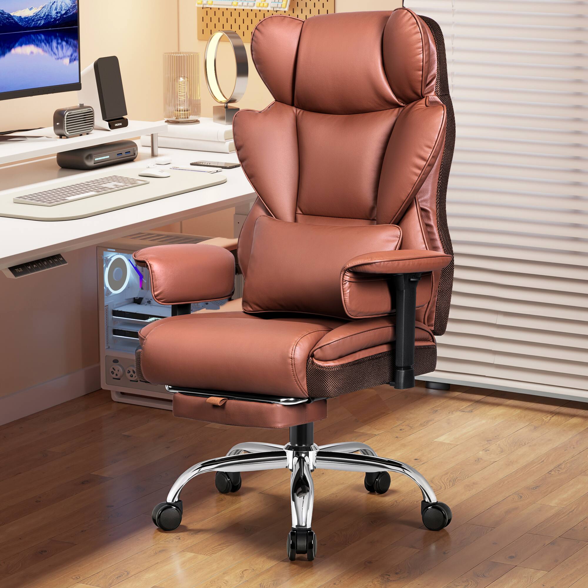 Alt View 10. KERDOM - Ergonomic PU Leather Office Chair Upholstery, Big & Tall Boss Chair with Footrest, Adjustable Arms & Wide Seat - Brown.