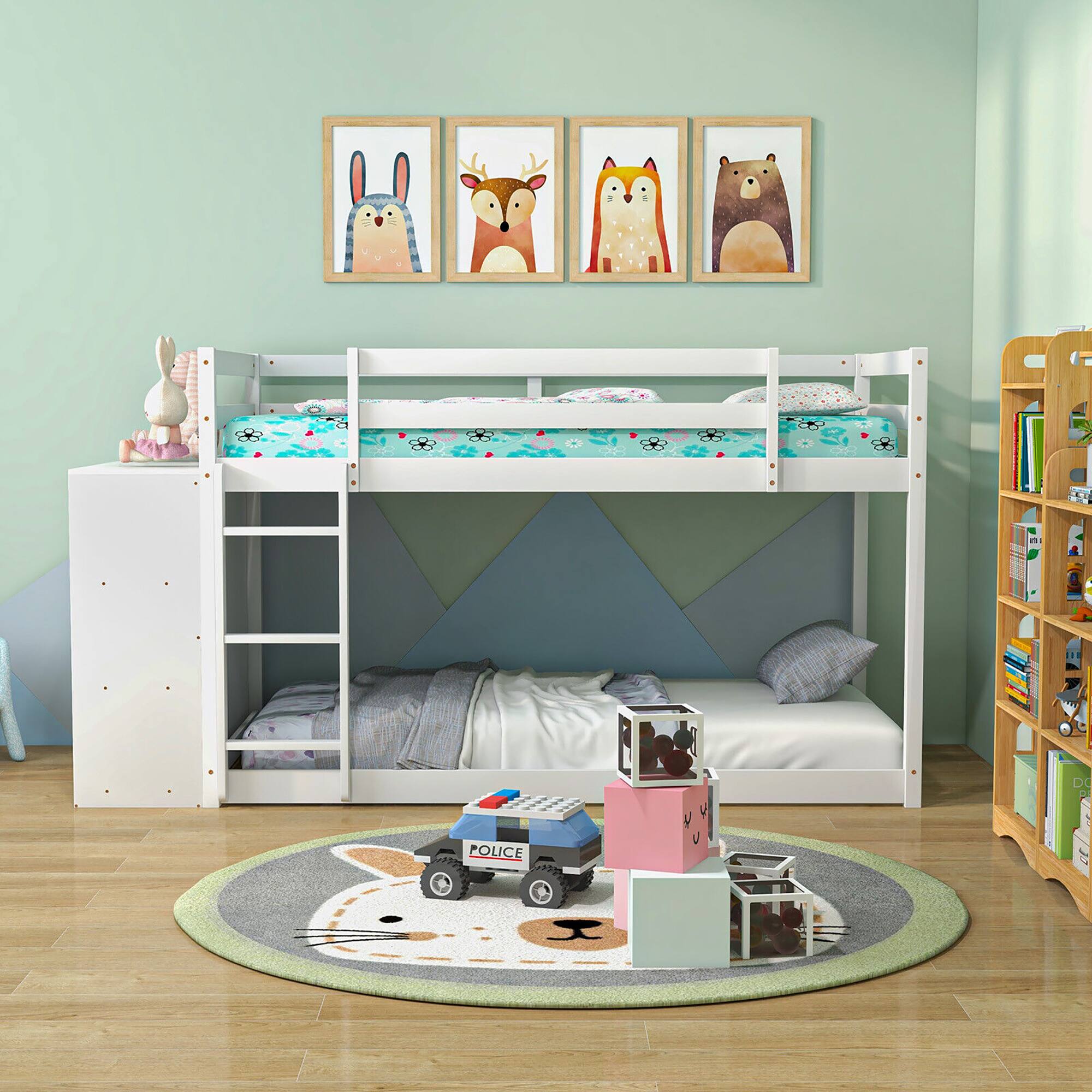 Alt View 3. Gymax - Gymax Twin Over Twin Bunk Bed Wood Frame Storage Shelves Ladder Guardrails Kids White - White.