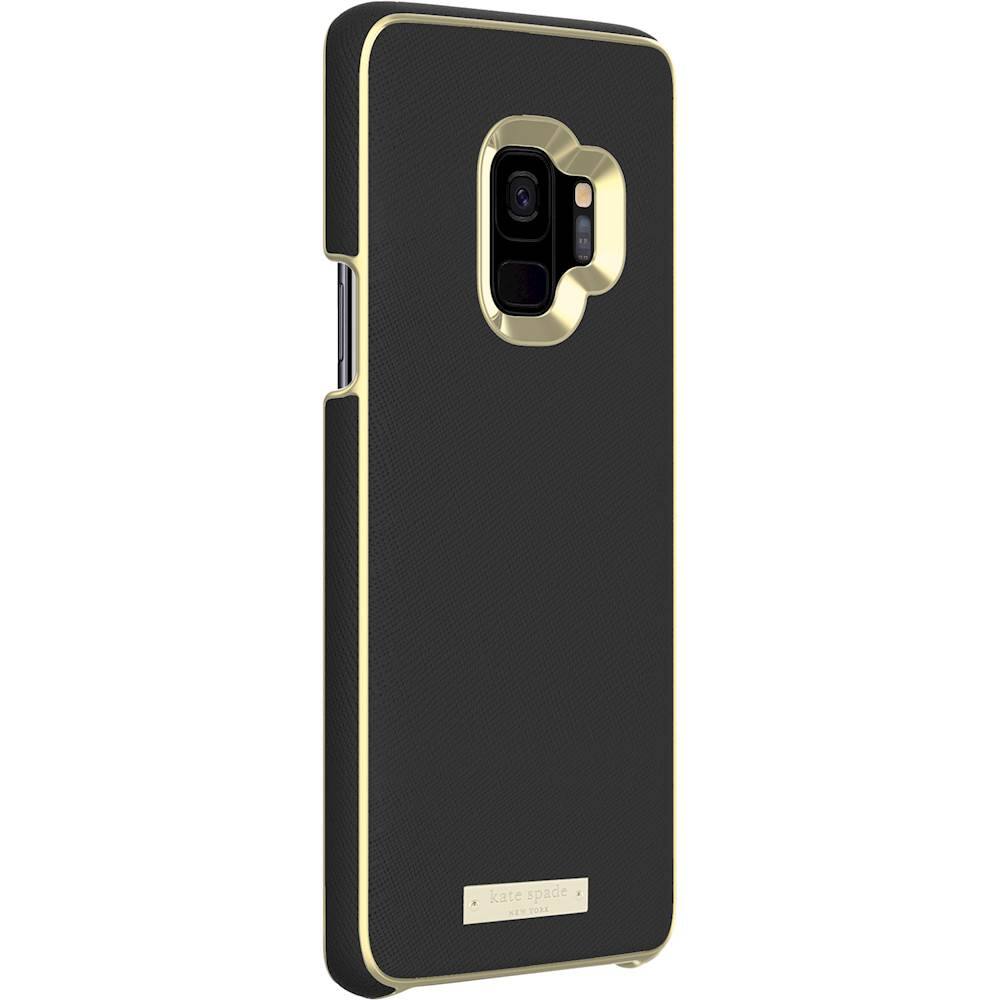 Angle. kate spade new york - Wrap Case for Samsung Galaxy S9 - Saffiano Black / Gold Logo Plate.