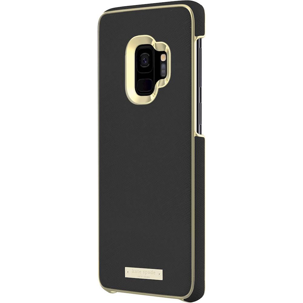 Left. kate spade new york - Wrap Case for Samsung Galaxy S9 - Saffiano Black / Gold Logo Plate.
