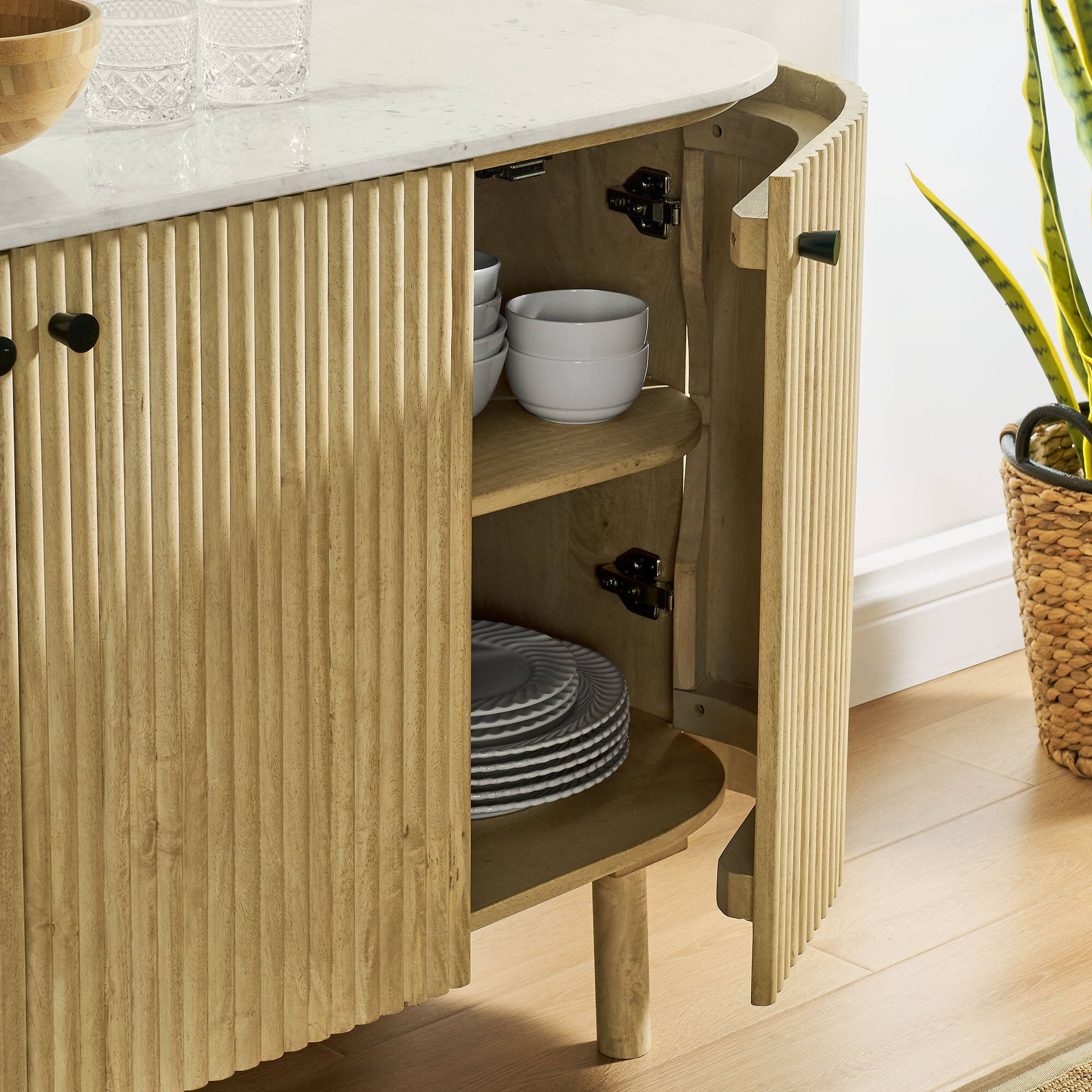 Alt View 2. Modway - Caldera 60" Curved Solid Wood and Marble Sideboard Storage Cabinet by Modway - Natural.