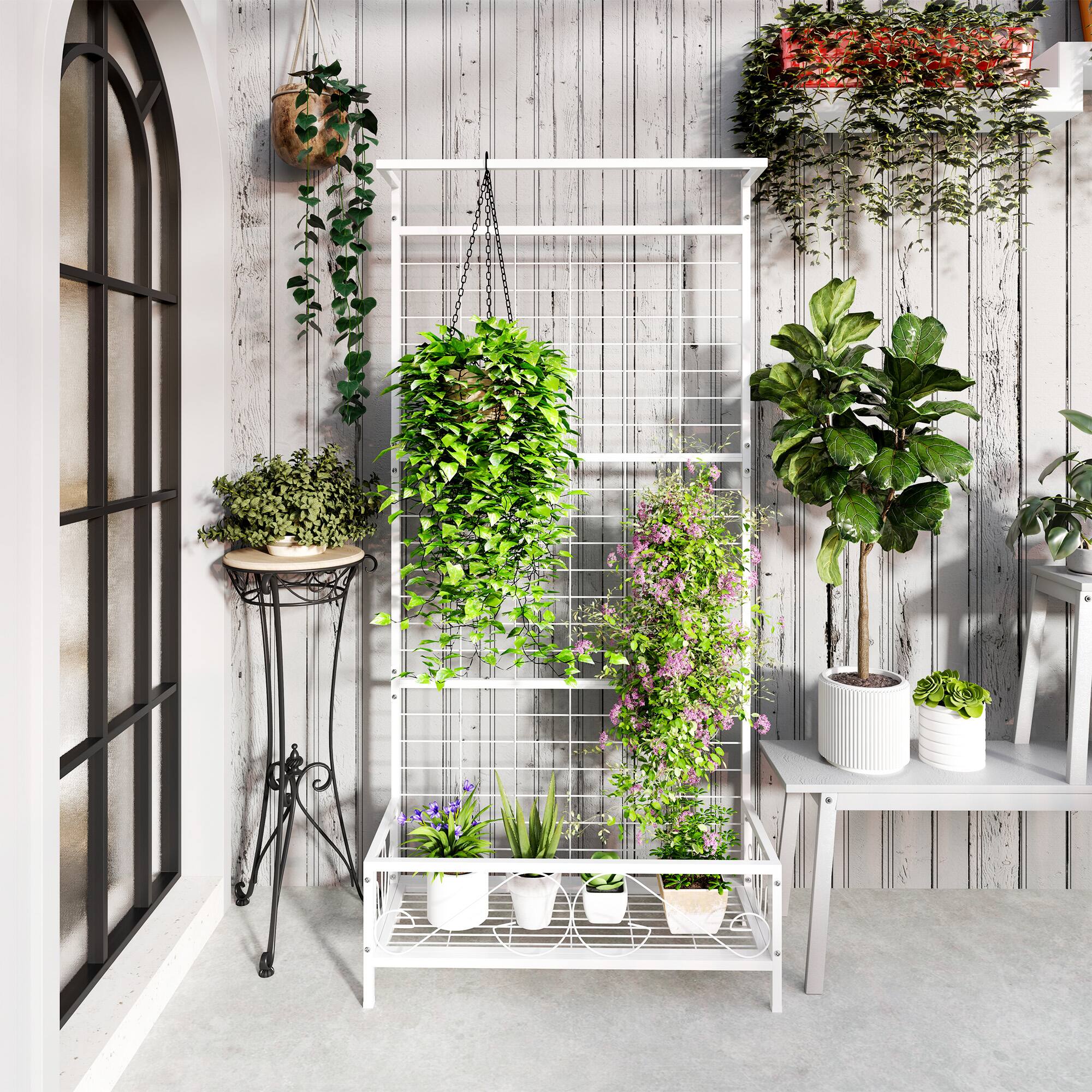 Alt View 5. Outsunny - Tall Plant Stand with Trellis and Hanging Bar, Metal Plant Holder Flower Stand, 35" x 12.8" x 74" - White.