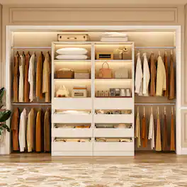 Aheaplus - 2-Piece 4-9Ft Wooden Closet Organizer with 4 Drawers, 8 Hanging Rods & Open Shelves,Ships in 2 Packages - White
