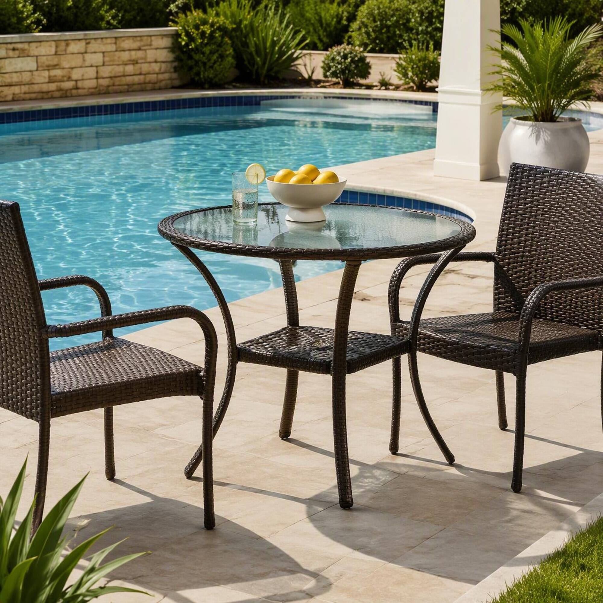 Alt View 1. RYHNUYNE - Outdoor Patio Coffee Table with Tempered Glass Top & Lower Shelf,Rattan Side Table for Garden Balcony Deck - Brown.