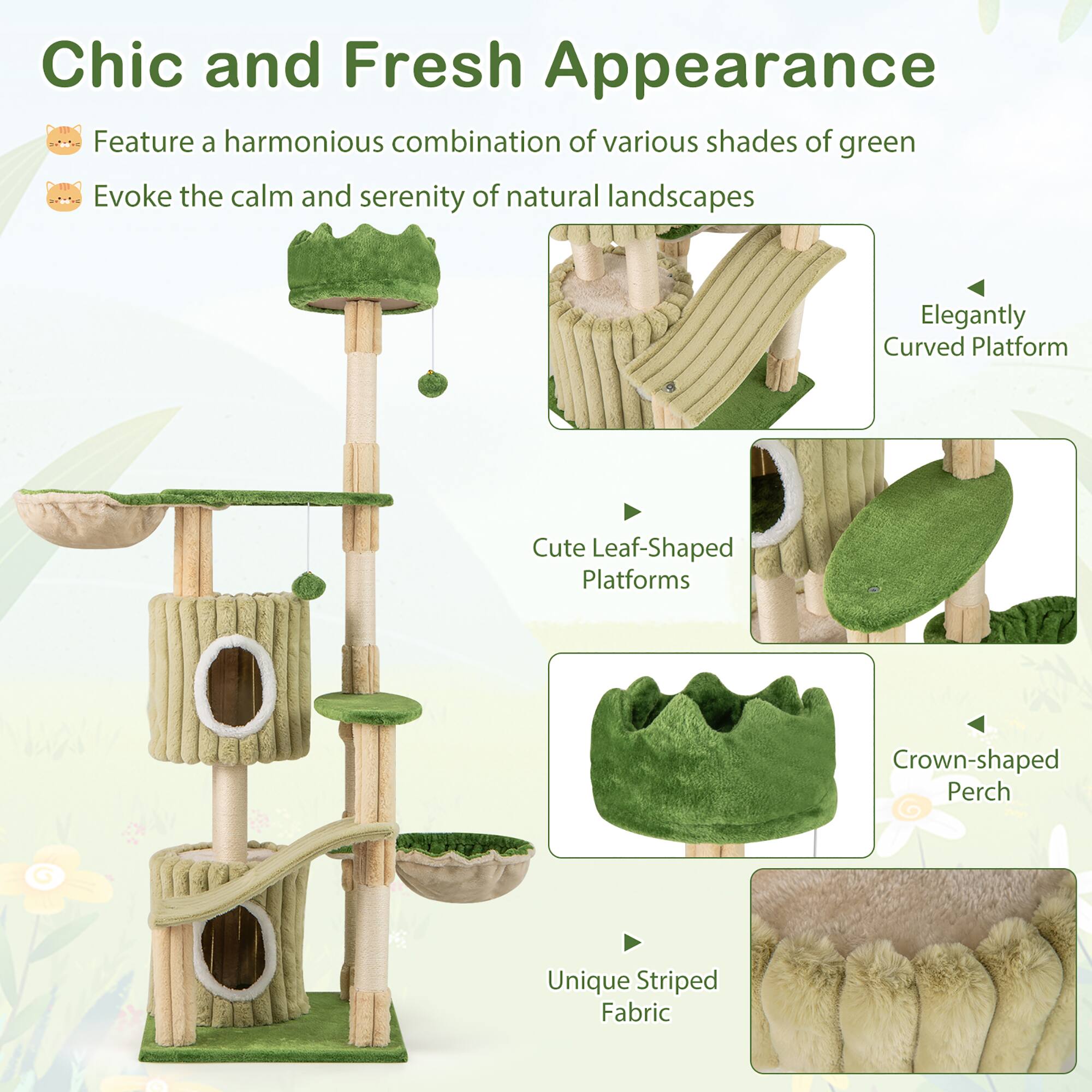 Chic and Fresh Appearance

- Feature a harmonious combination of various shades of green
- Evoke the calm and serenity of natural landscapes

- Elegantly Curved Platform
- Cute Leaf-Shaped Platforms
- Crown-shaped Perch
- Unique Striped Fabric