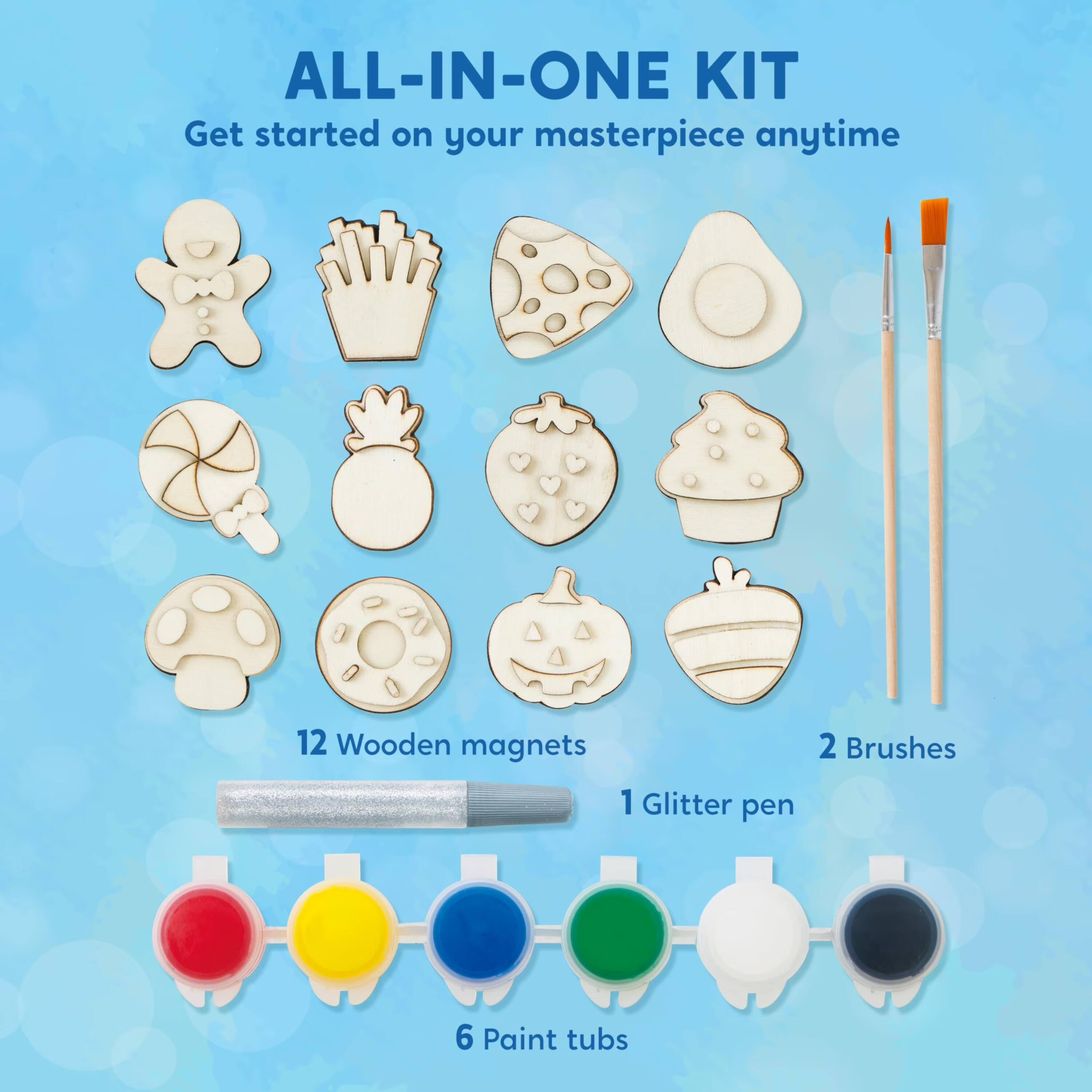 ALL-IN-ONE KIT  
Get started on your masterpiece anytime

12 Wooden magnets  
1 Glitter pen  
2 Brushes  
6 Paint tubs