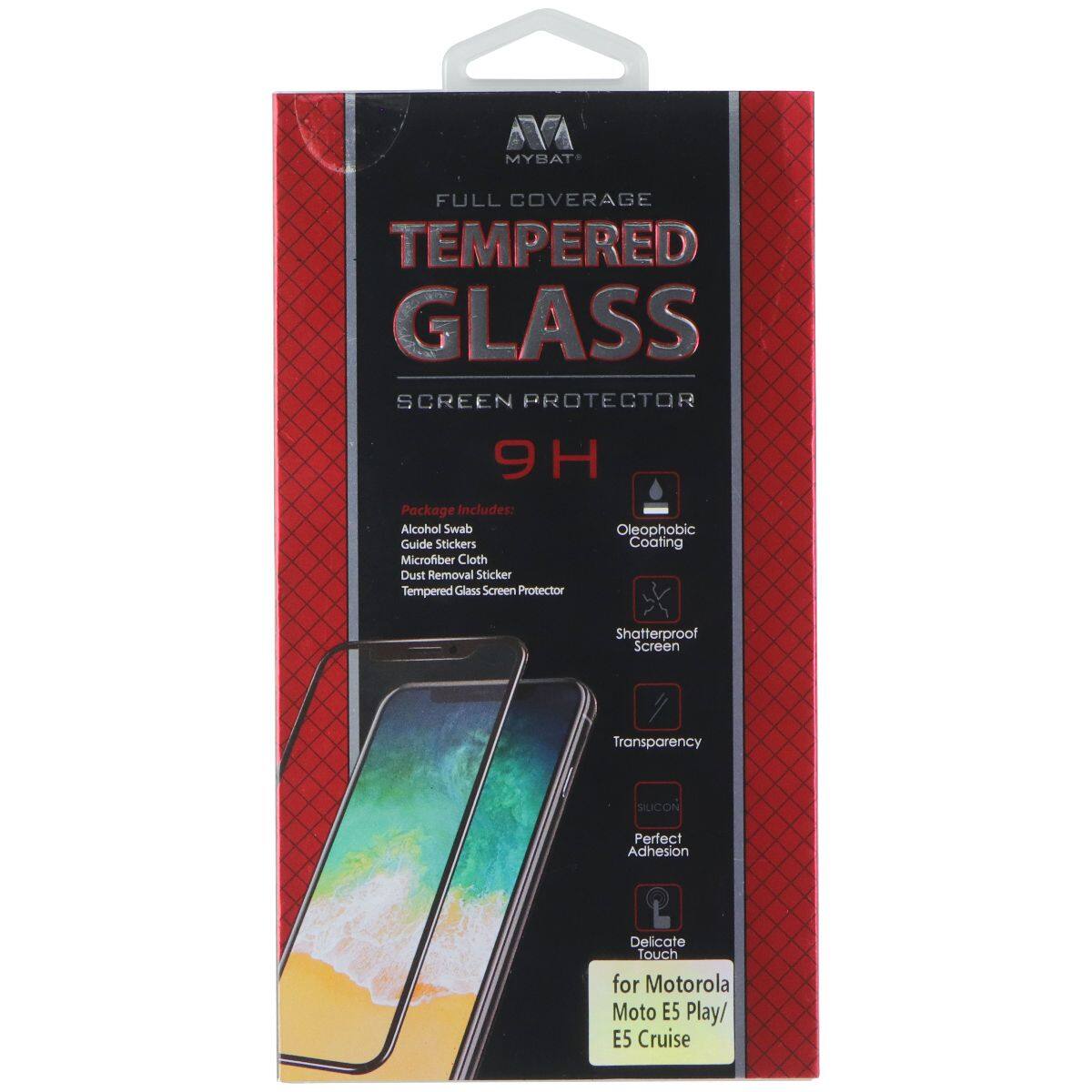 AT MYBAT FULL COVERAGE TEMPERED GLASS SCREEN PROTECTOR 9

Package Includes:
- Alcohol Swab
- Oleophobic Coating
- Guide Stickers
- Microfiber Cloth
- Dust Removal Sticker
- Tempered Glass Screen Protector

Features:
- Shatterproof Screen
- Transparency
- Perfect Adhesion
- Delicate Touch

For Motorola Moto E5 Play/ E5 Cruise