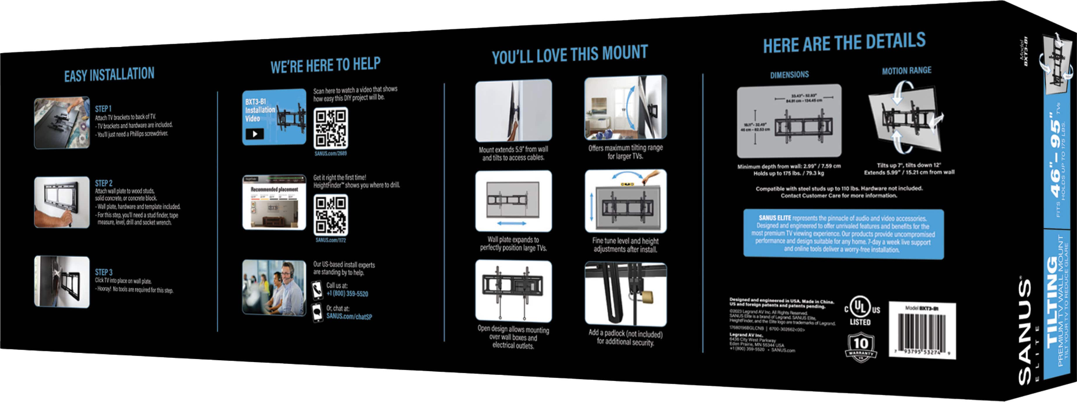 SANUS Elite Advanced Tilt TV Wall Mount For Most 46 95 TVs Extends 5.9  for Easy Cable Access and Max Tilt Black BXT3-B1 - Best Buy