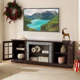 Whisen - 70" Modern Faux Stone Media Console Tabletop TV Stand with 2-Door Storage Entertainment Center - Cherry