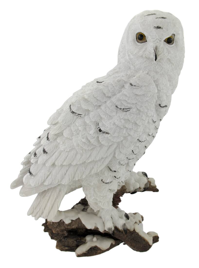Front. Zeckos - Beautiful Snowy Owl on a Branch Statue - White.