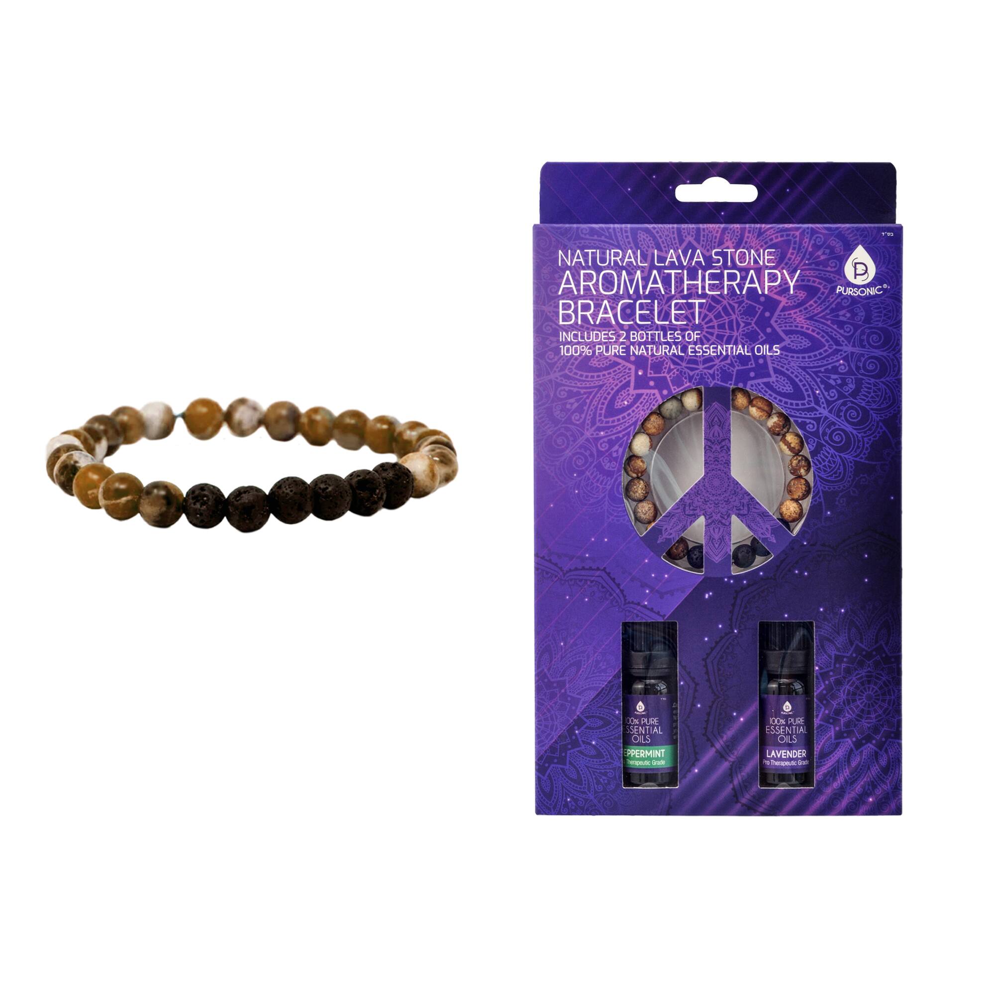 NATURAL LAVA STONE AROMATHERAPY BRACELET  
INCLUDES 2 BOTTLES OF 100% PURE NATURAL ESSENTIAL OILS  

100% PURE NATURAL ESSENTIAL OILS  
PEPPERMINT  
100% PURE NATURAL ESSENTIAL OILS  
LAVENDER