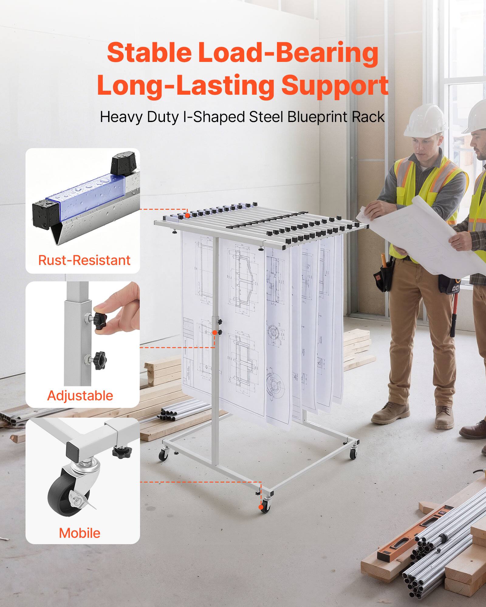 VEVOR Blueprint Storage Rack, Steel, Mobile Adjustable Blueprint Holder ...