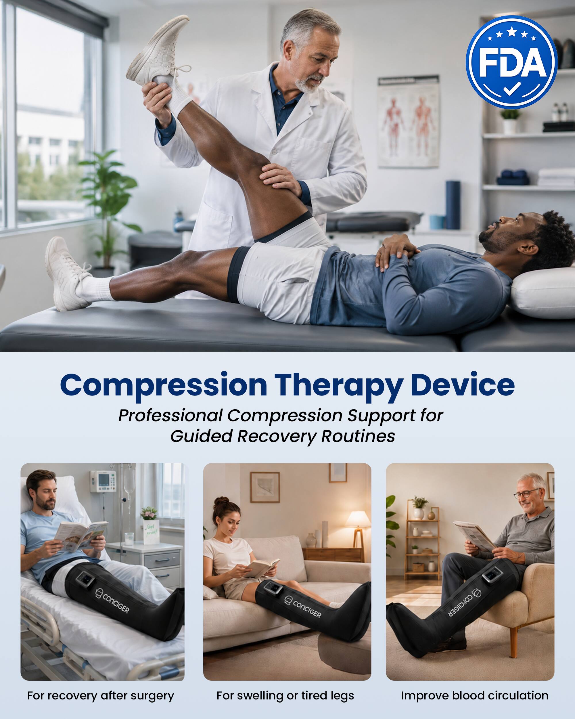 FDA  
Compression Therapy Device  
Professional Compression Support for Guided Recovery Routines  

For recovery after surgery  
For swelling or tired legs  
Improve blood circulation