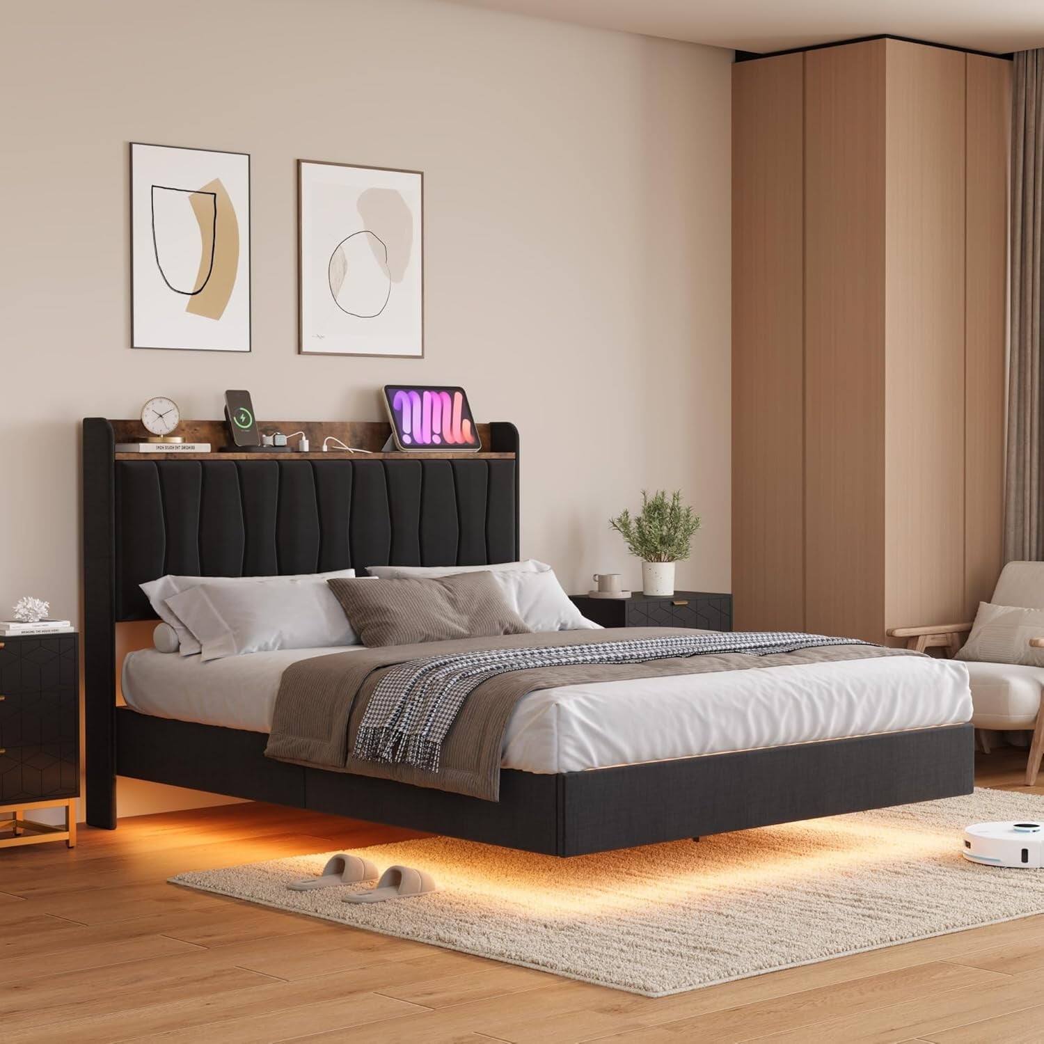 Front. Homhougo - King Floating Bed Frame with LED Lights & USB Charging, Black – Modern Bed with USB & LED Lights - Black.