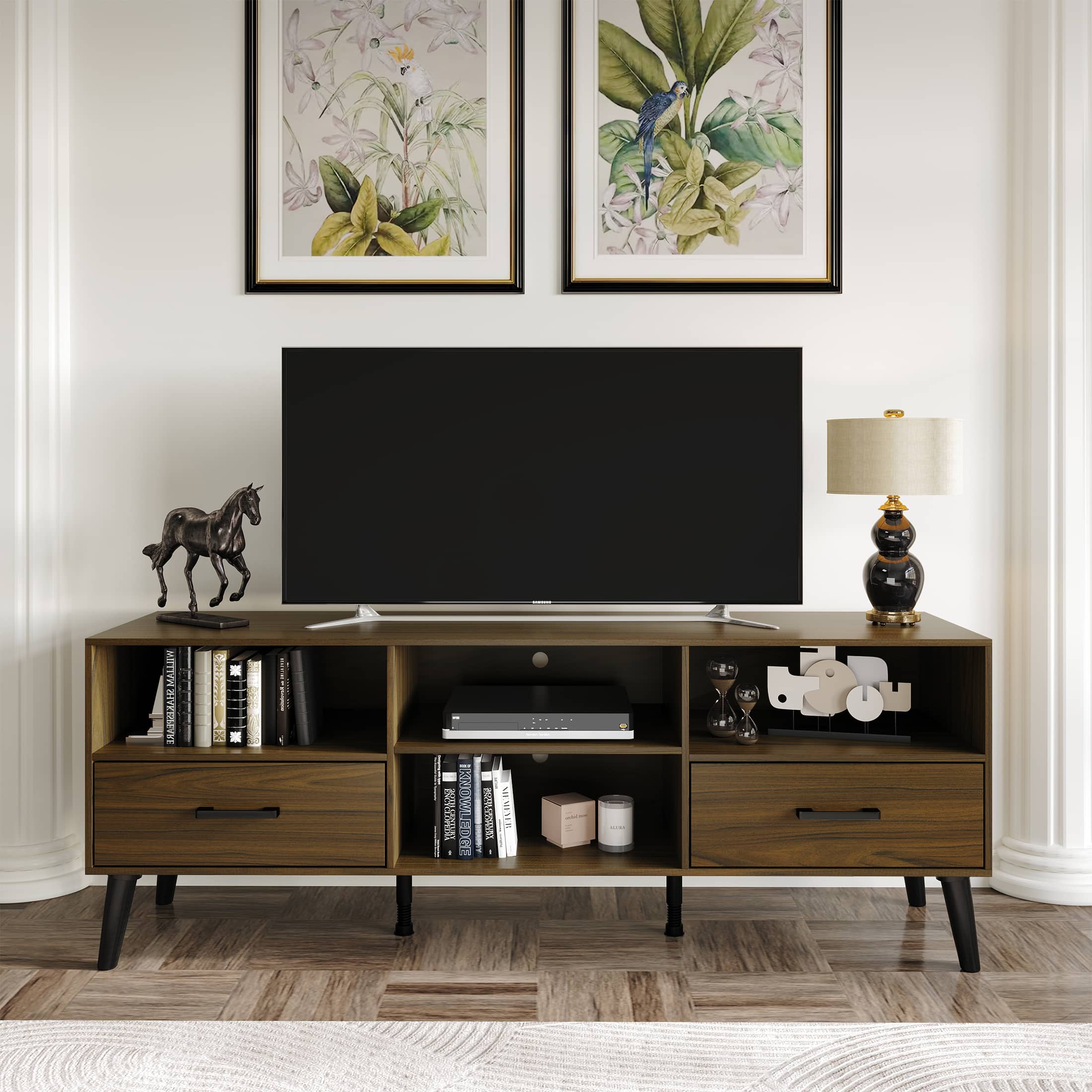 ChaletPosh - Mid-Century TV Stand with Dual Drawers and 4 Open Cubes - Brown