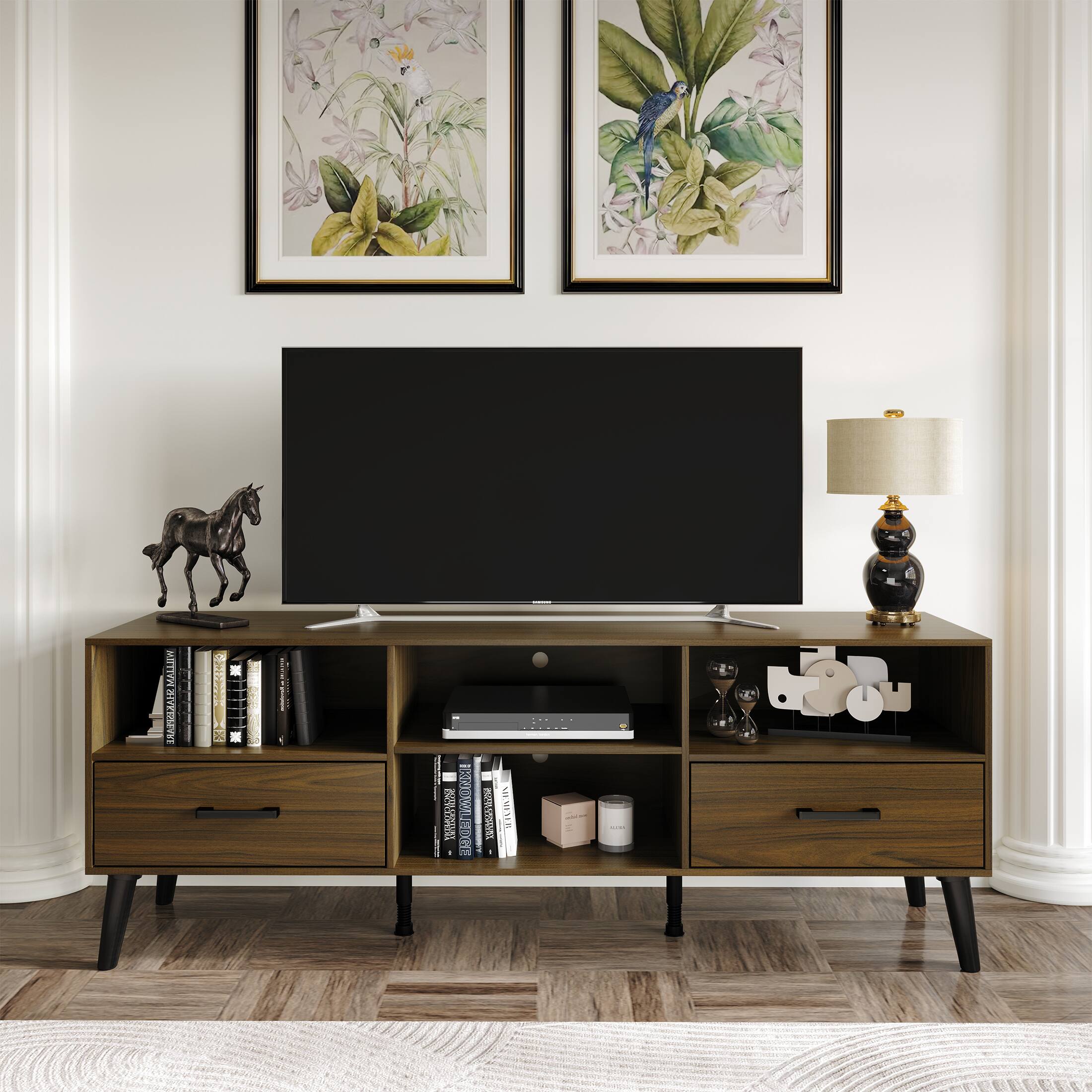 ChaletPosh - Mid-Century TV Stand with Dual Drawers and 4 Open Cubes - Brown