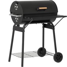Chateau Abodes - 30" Portable Barrel Charcoal Grill, Steel Smoker with 370 Sq In Cooking Space, Storage Shelf & Wheels - Black