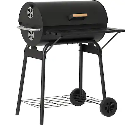 Front. Chateau Abodes - 30" Portable Barrel Charcoal Grill, Steel Smoker with 370 Sq In Cooking Space, Storage Shelf & Wheels - Black.
