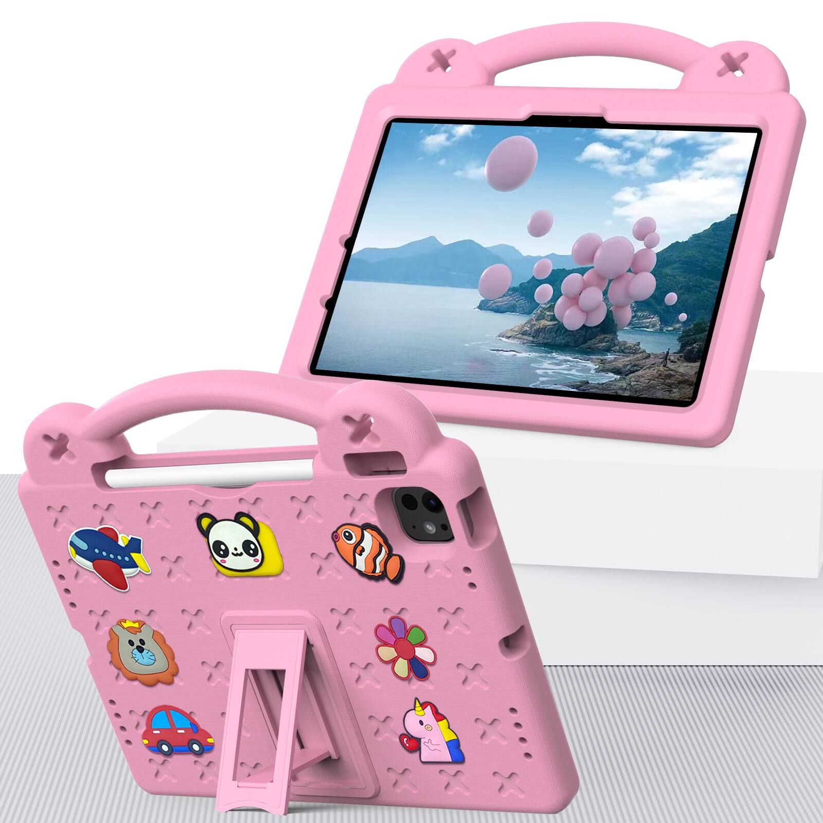 Left. UUCOVER - Kids Case for iPad Air 11-inch M4 M3 M2 (2026/2025/2024),Shockproof EVA Case Handle Adjustable Stand Cover - Pink.