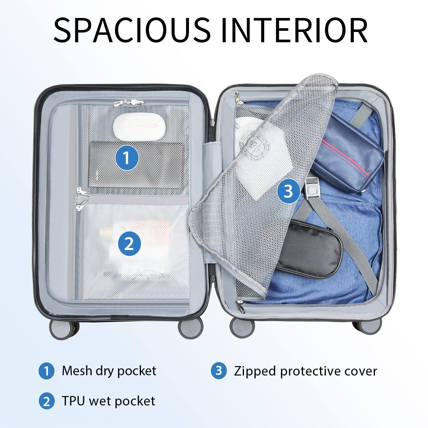 SPACIOUS INTERIOR

1. Mesh dry pocket
2. TPU wet pocket
3. Zipped protective cover