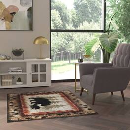 Emma + Oliver - Rustic Cabin Theme Accent Rug with Bear and Cub Design with Trees in Background and Bear Track Patterned Edges - Brown